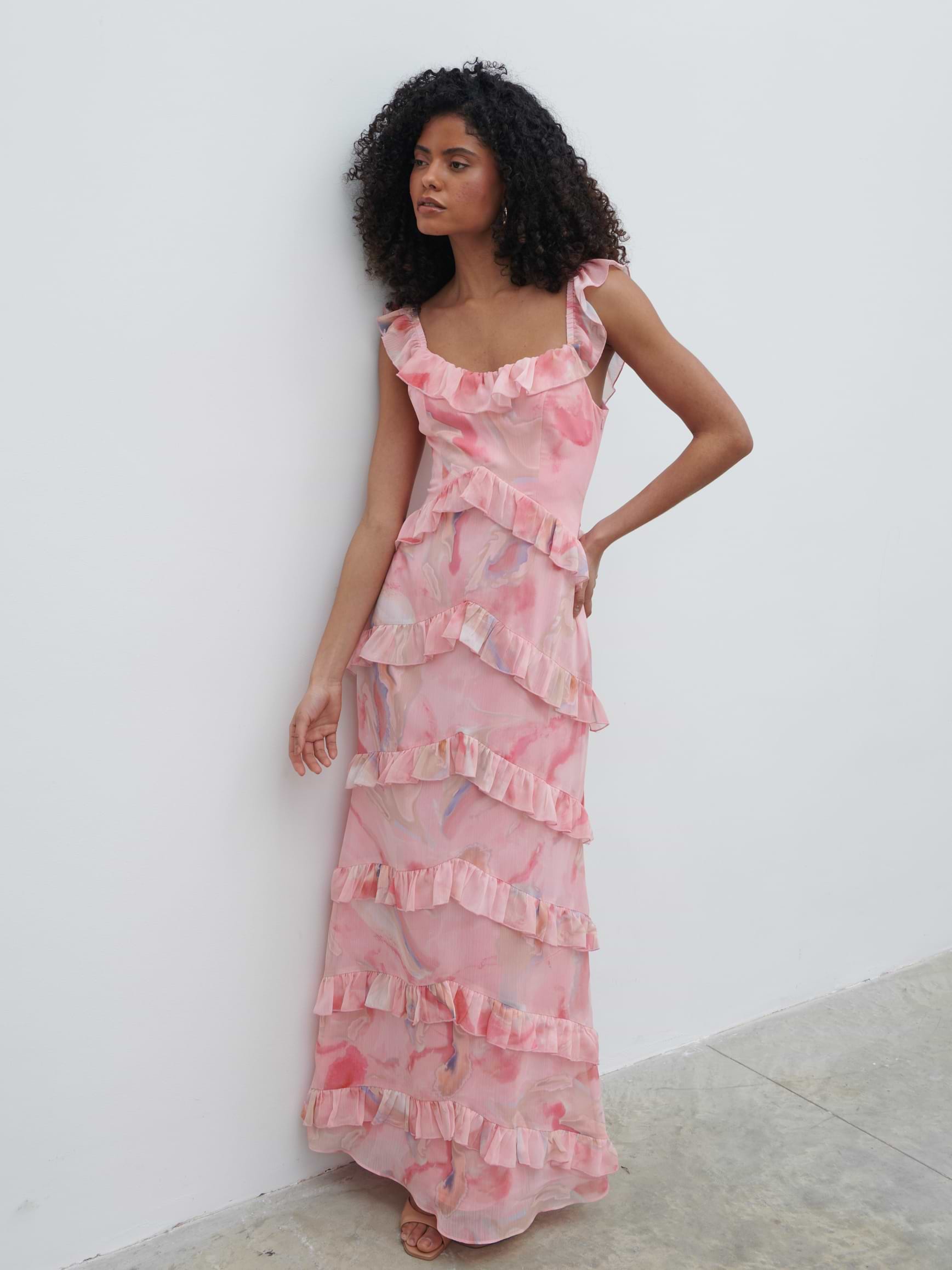 Cecile Scoop Neck Ruffle Maxi Dress - Pink Marble Ombre