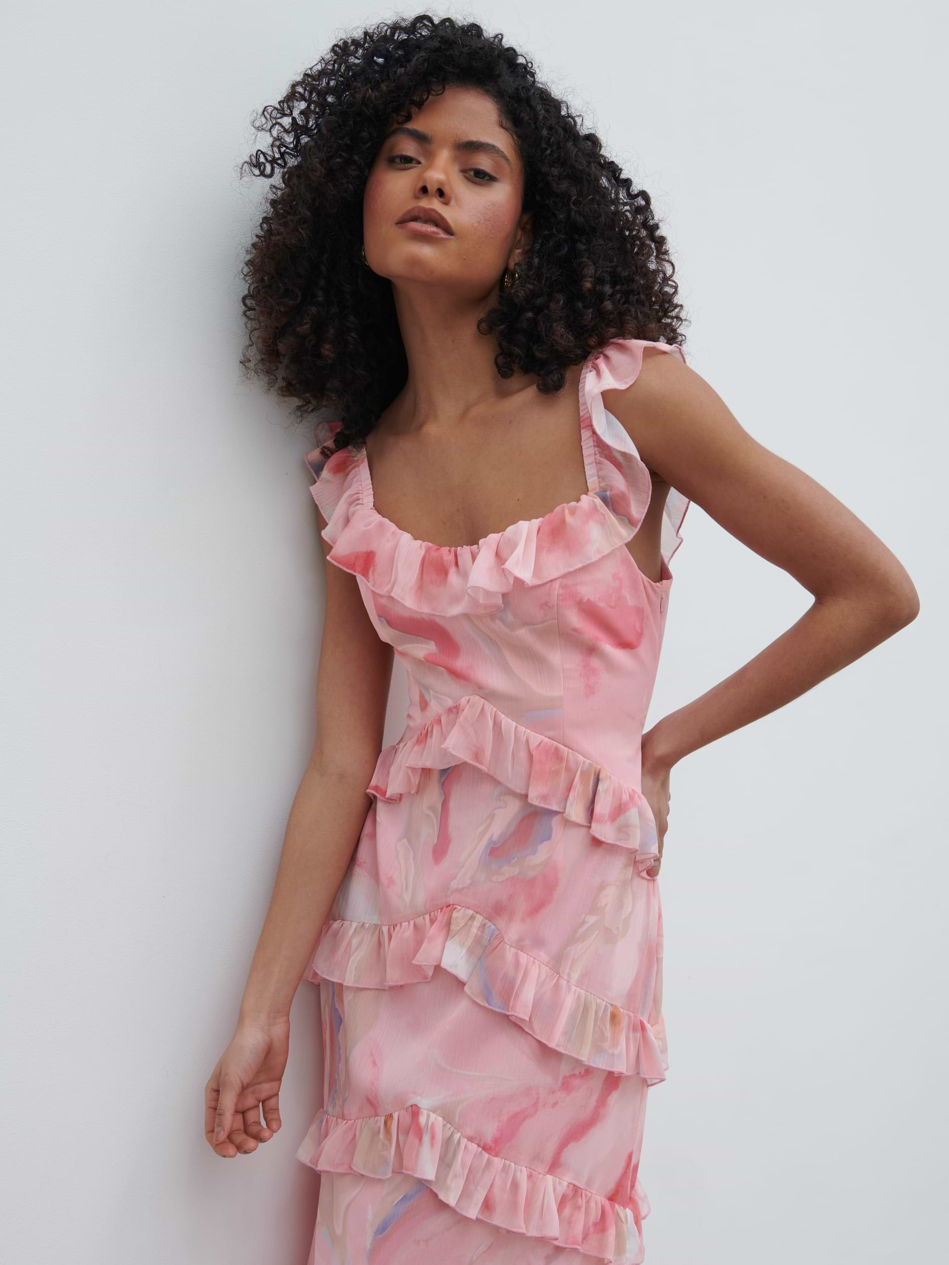 Cecile Scoop Neck Ruffle Maxi Dress - Pink Marble Ombre