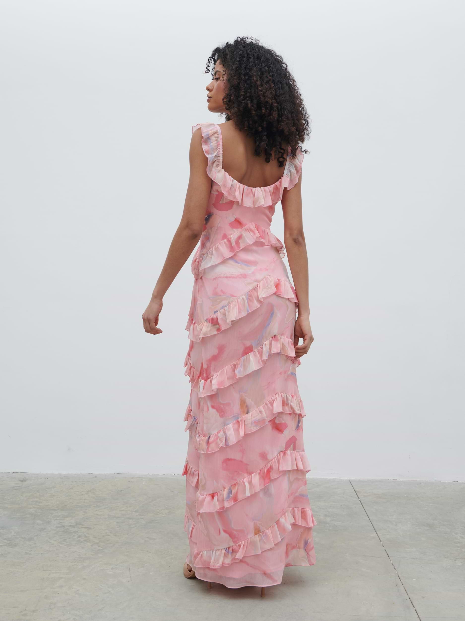 Cecile Scoop Neck Ruffle Maxi Dress - Pink Marble Ombre