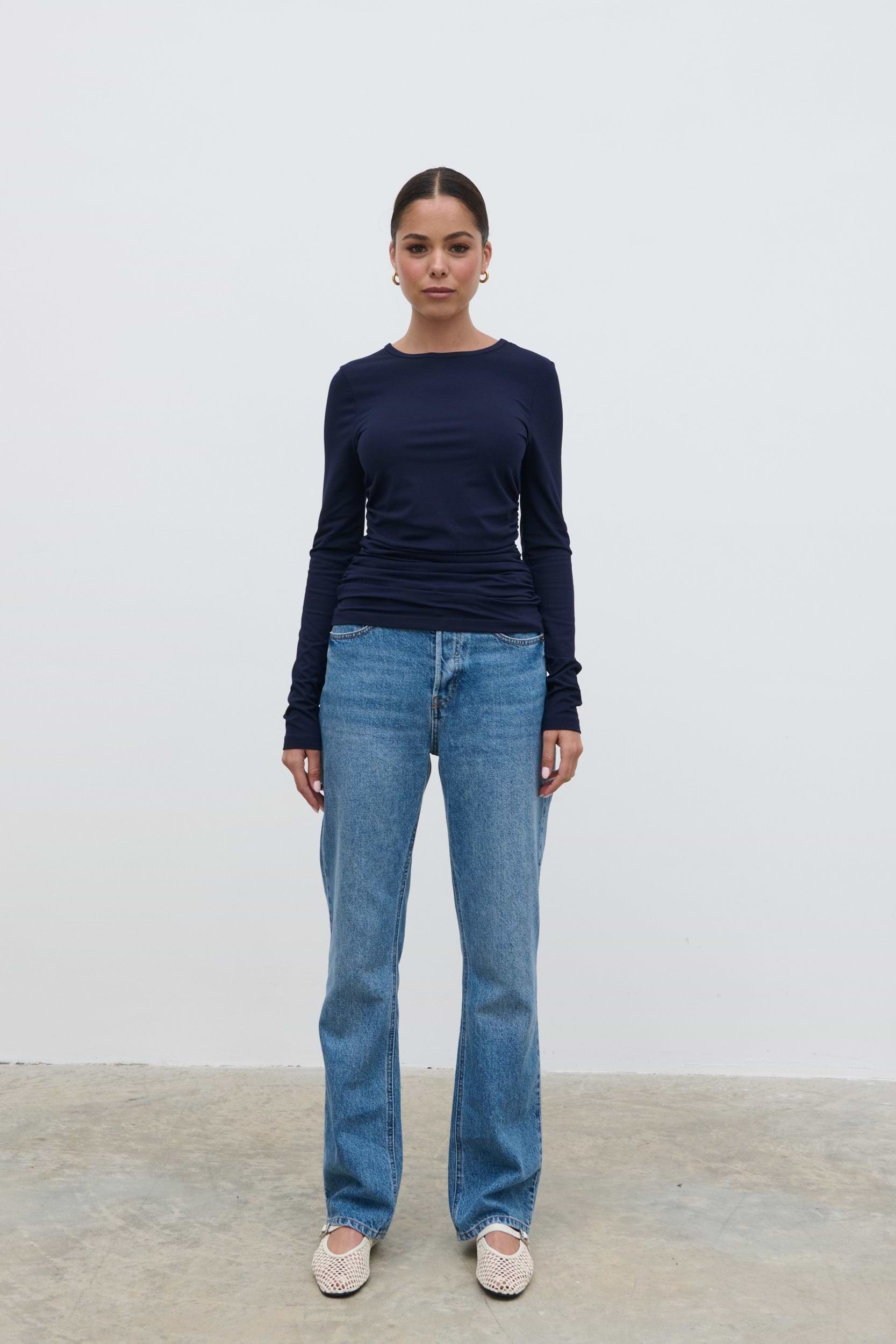 Celia Gathered Jersey Top - Navy