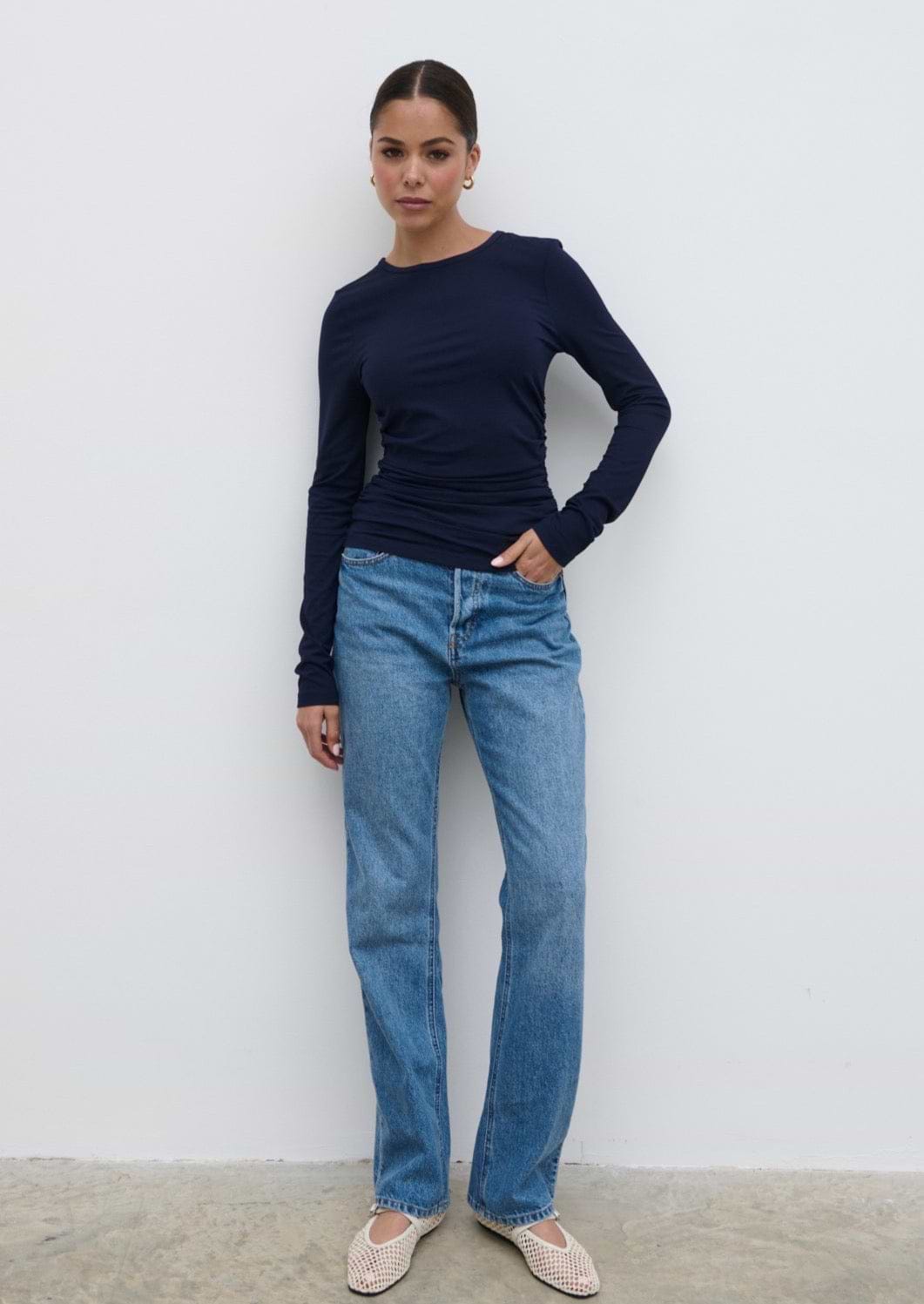 Celia Gathered Jersey Top - Navy