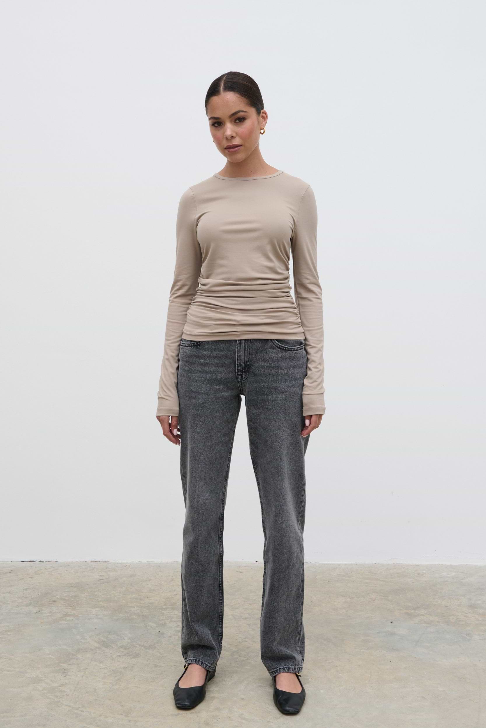 Celia Gathered Jersey Top - Taupe