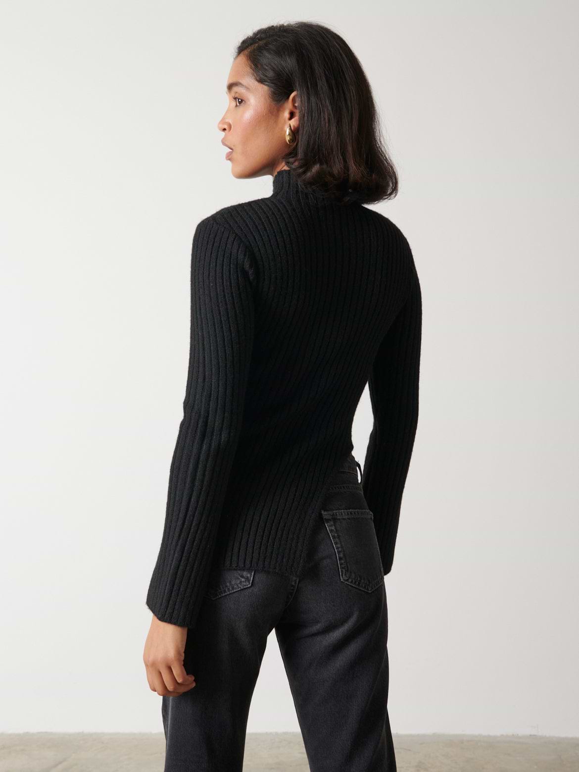 Charley Turtle Neck Asymmetric Hem Knit Top - Black
