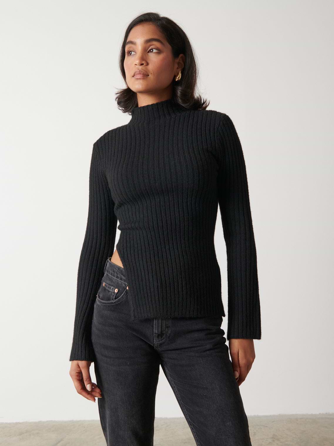 Charley Turtle Neck Asymmetric Hem Knit Top - Black