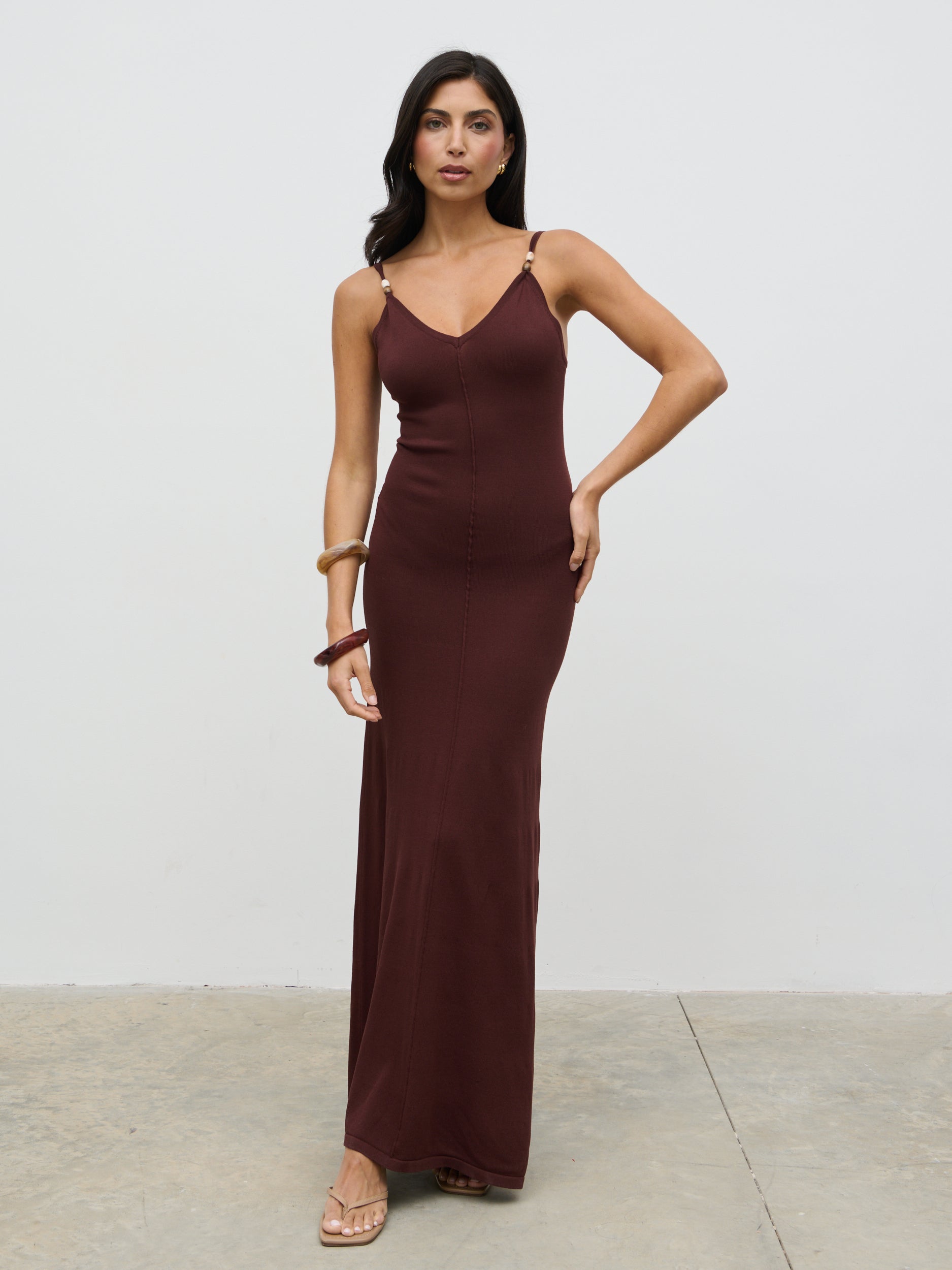Connie Beaded V Neck Knit Maxi Dress - Brown