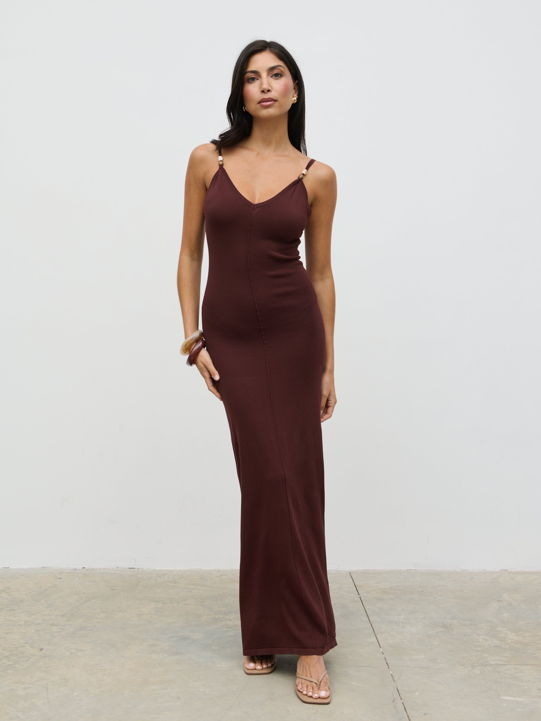 Connie Beaded V Neck Knit Maxi Dress - Brown