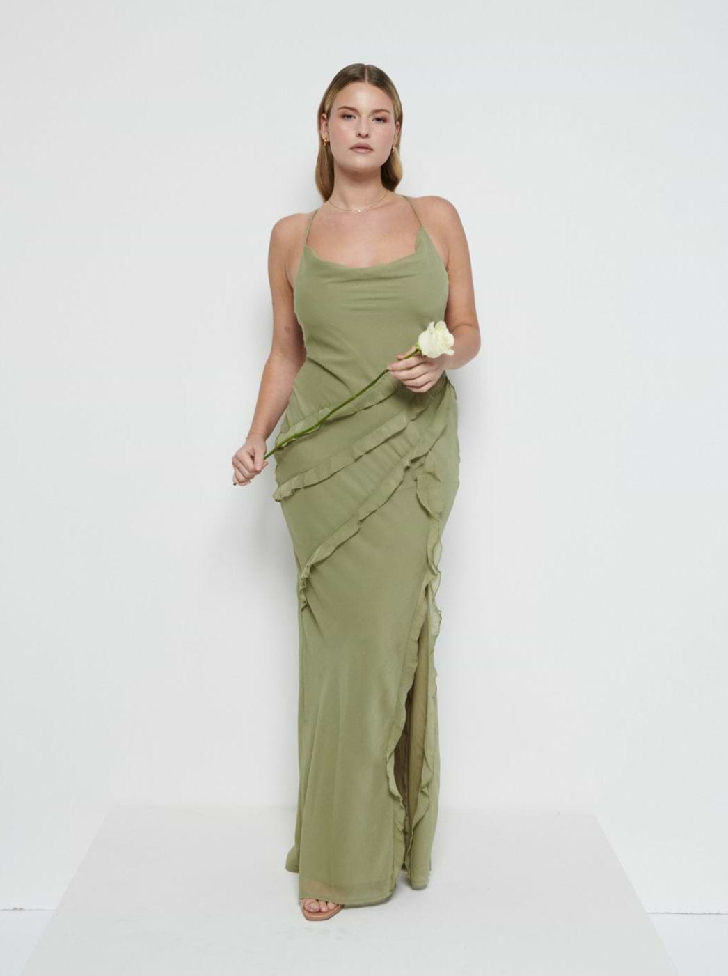 Constance Ruffle Chiffon Maxi Bridesmaid Dress - Olive