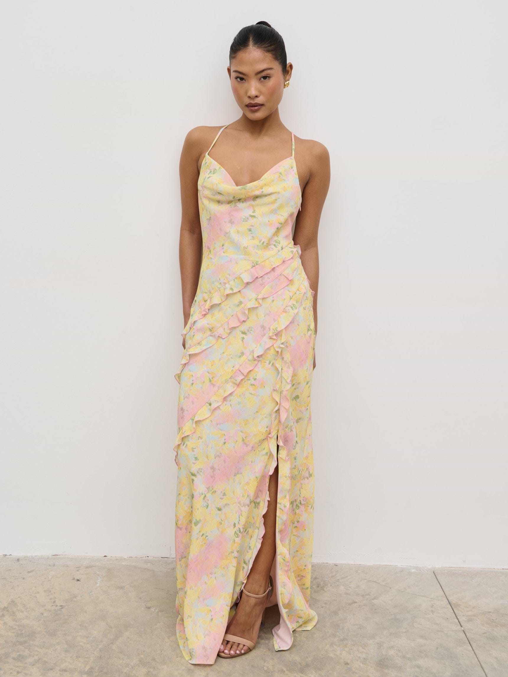 Constance Ruffle Maxi Dress - Pastel Multi Abstract Floral