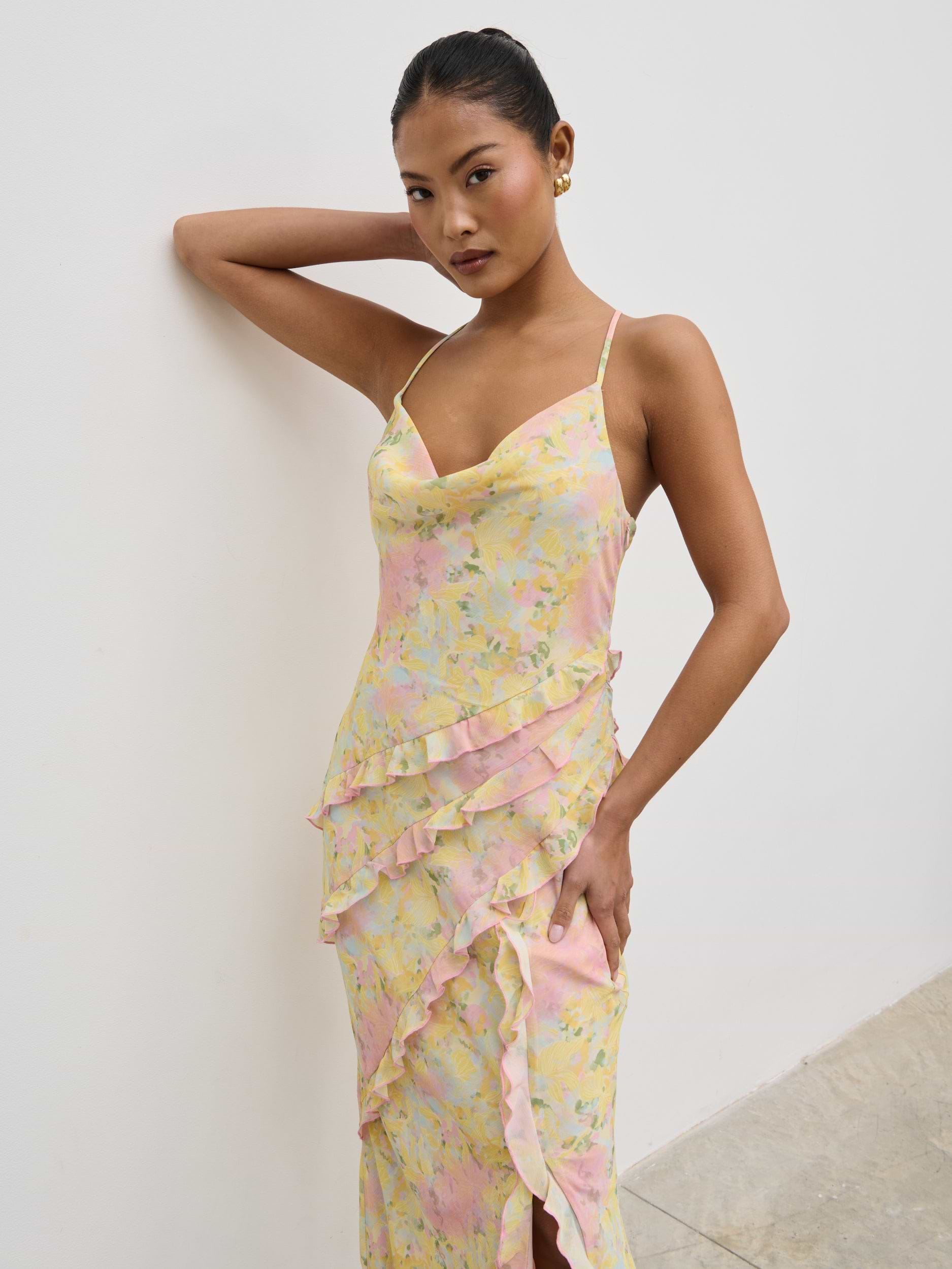 Constance Ruffle Maxi Dress - Pastel Multi Abstract Floral