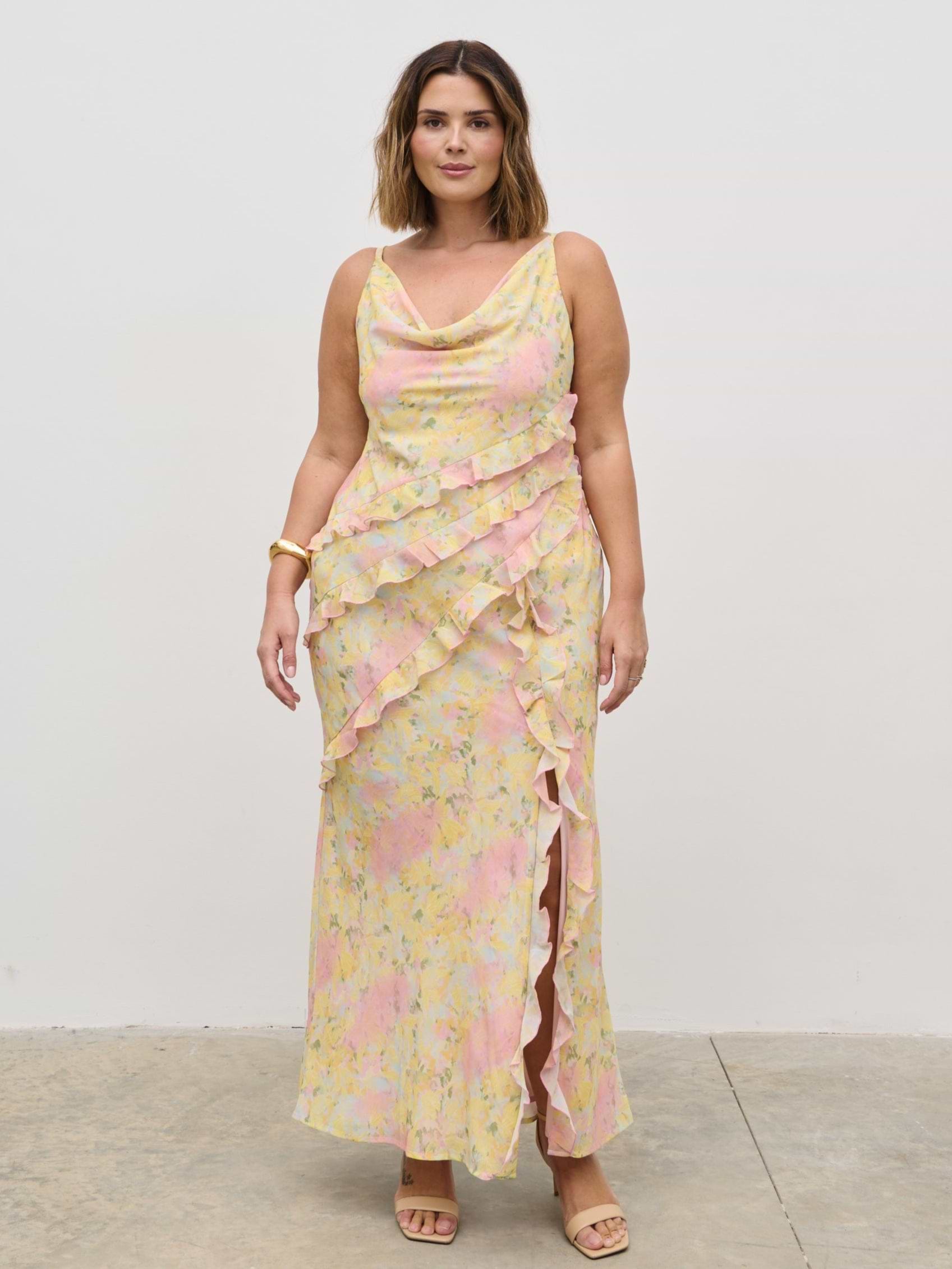 Constance Ruffle Maxi Dress Curve - Pastel Multi Abstract Floral