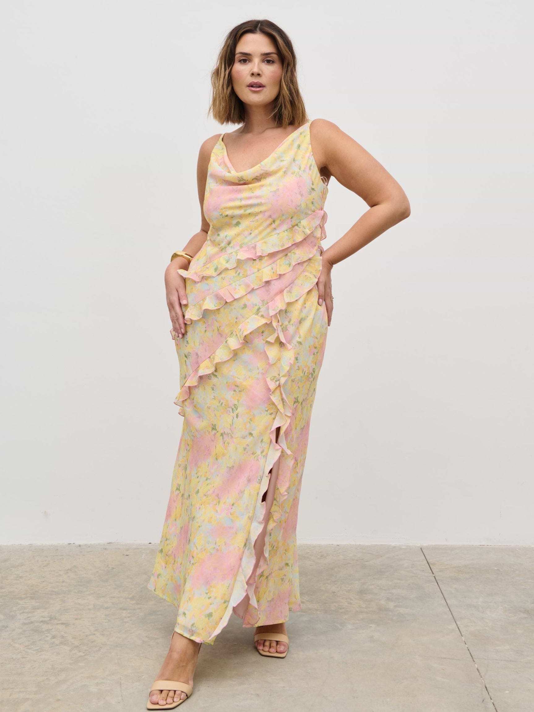 Constance Ruffle Maxi Dress Curve - Pastel Multi Abstract Floral