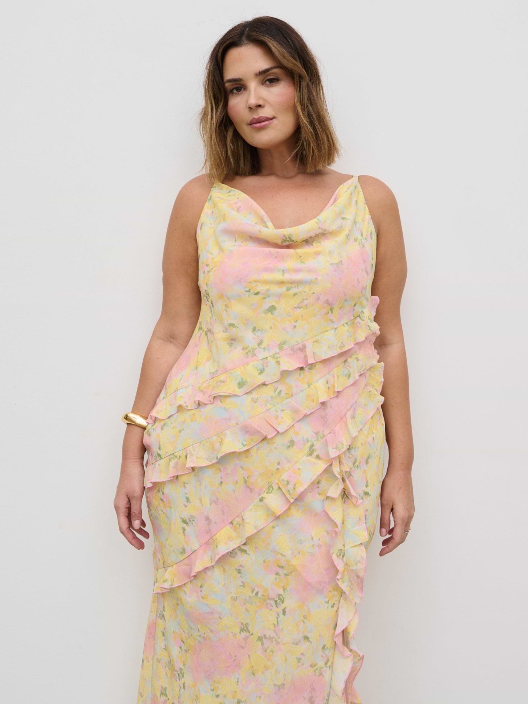 Constance Ruffle Maxi Dress Curve - Pastel Multi Abstract Floral