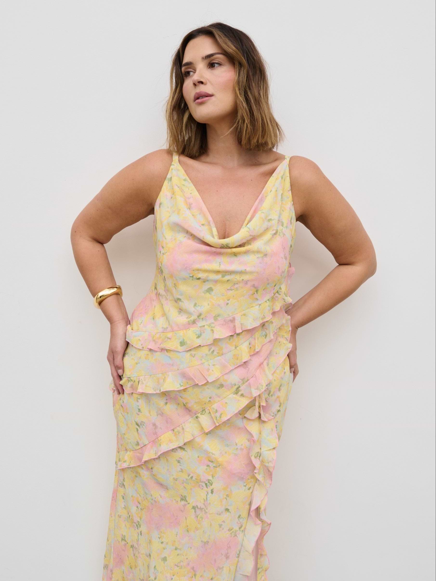 Constance Ruffle Maxi Dress Curve - Pastel Multi Abstract Floral
