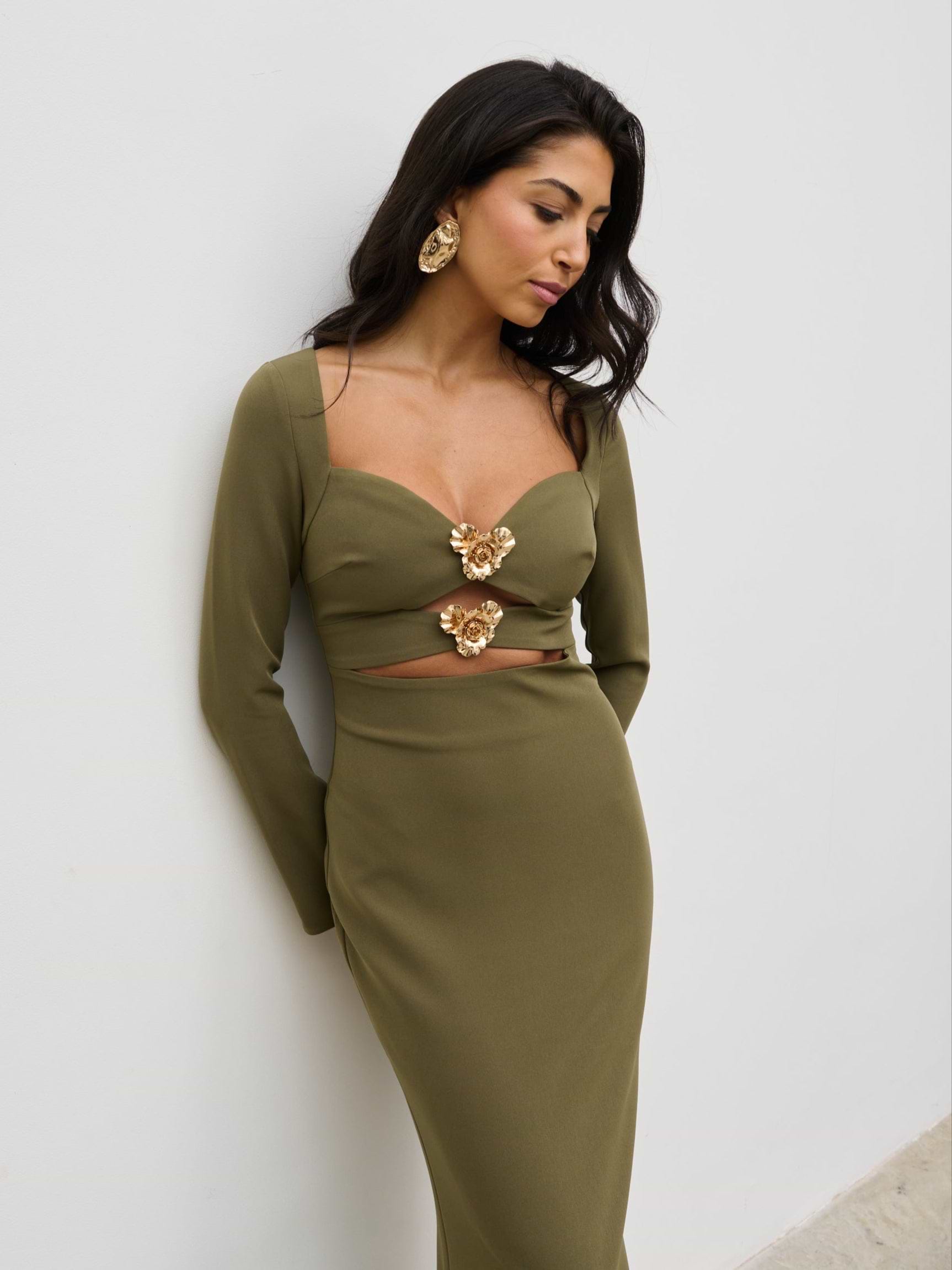 Corrine Gold Trim Cut Out Maxi Dress - Olive