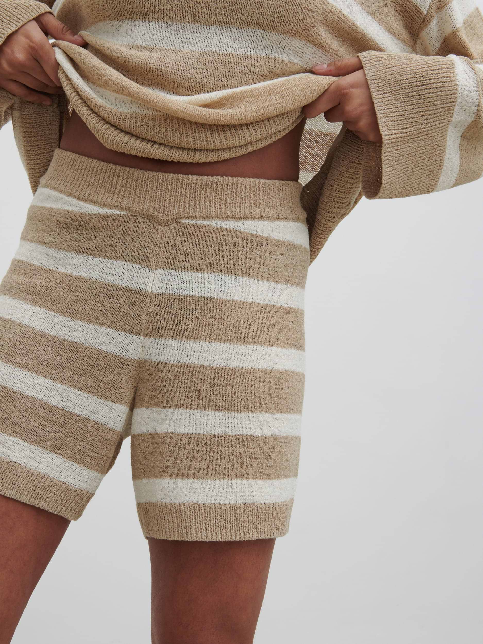 Dakota Stripe Knit Shorts - Oatmeal and Cream