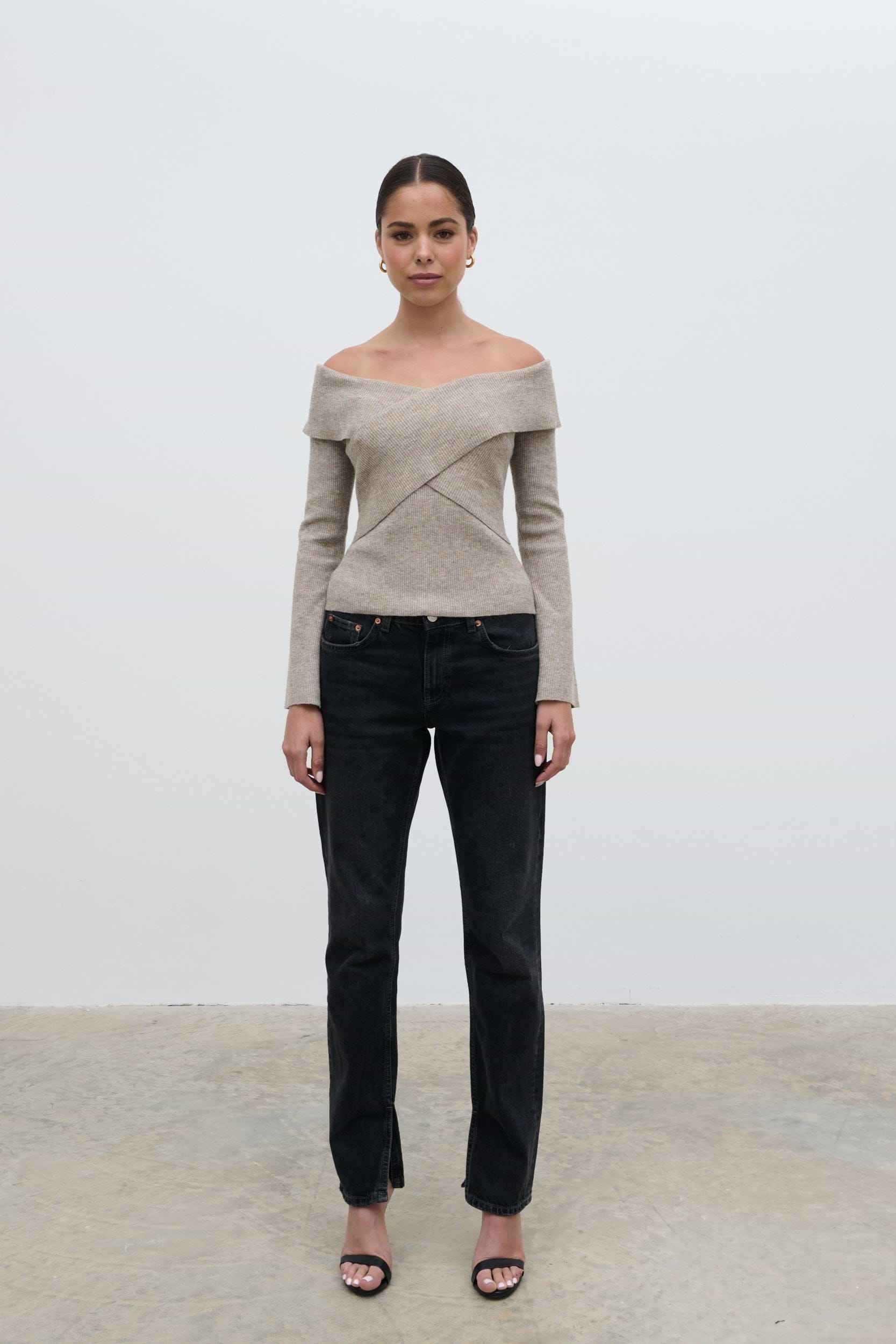 Daphne Cross Over Knit Top - Beige