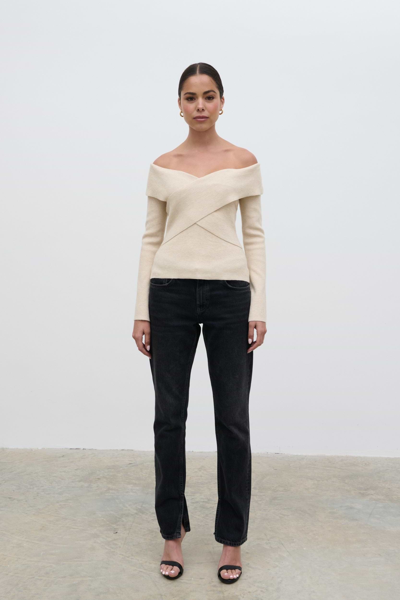 Daphne Cross Over Knit Top - Cream