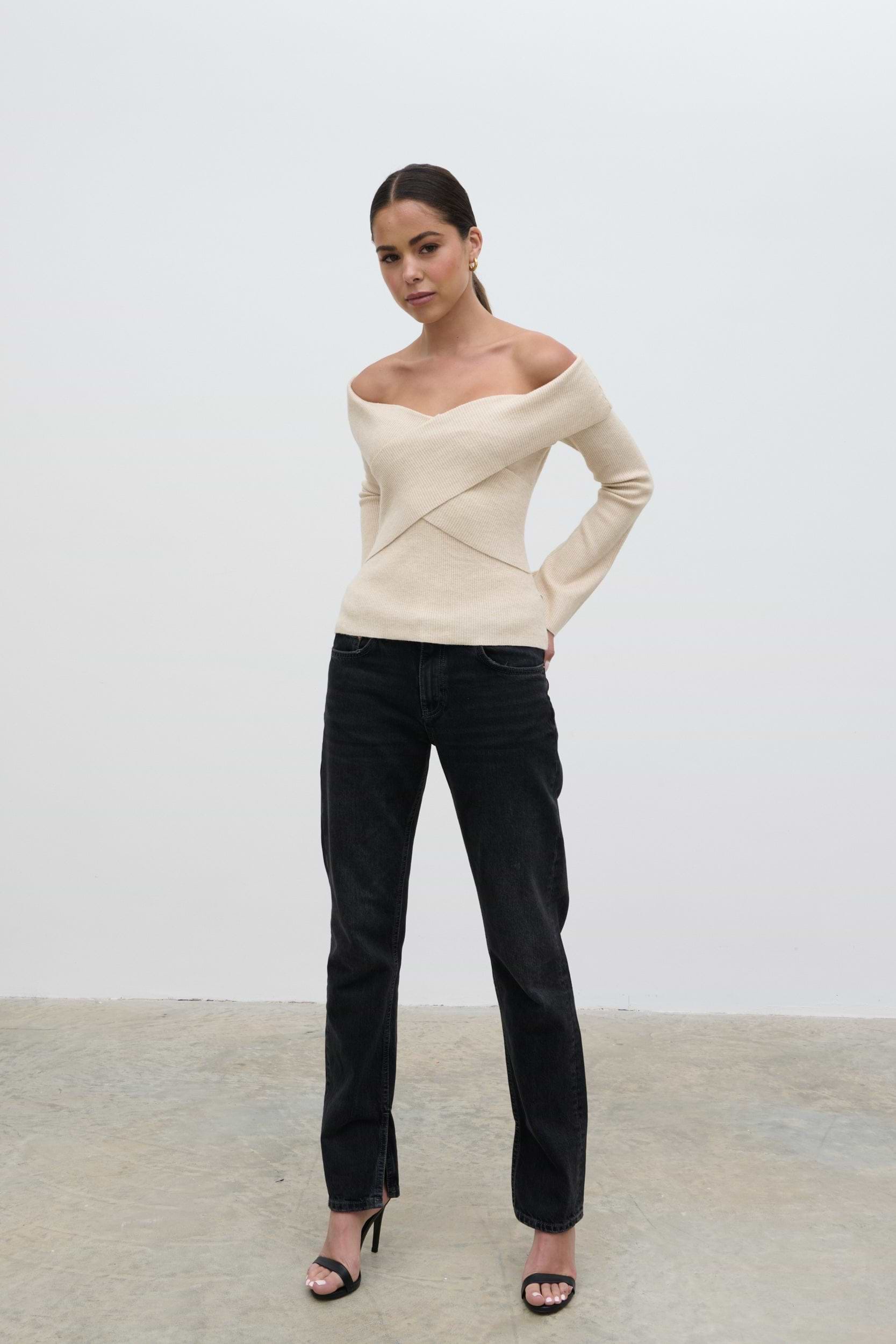 Daphne Cross Over Knit Top - Cream
