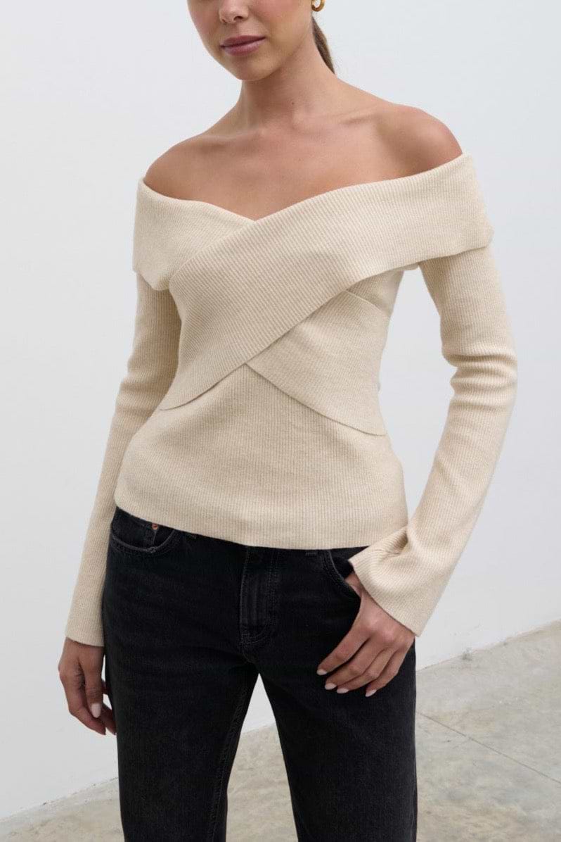 Daphne Cross Over Knit Top - Cream