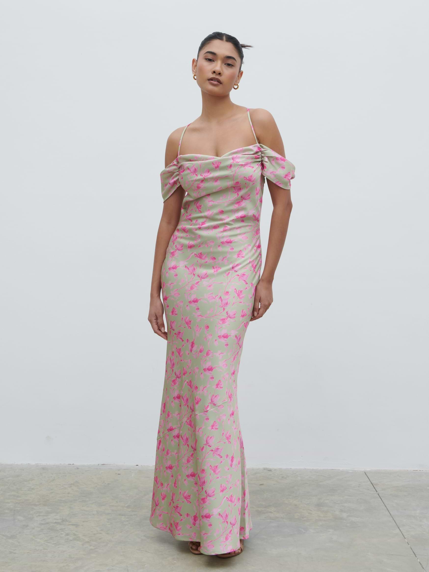 Daria Cowl Slip Maxi Dress - Olive and Fuchsia Petal Floral