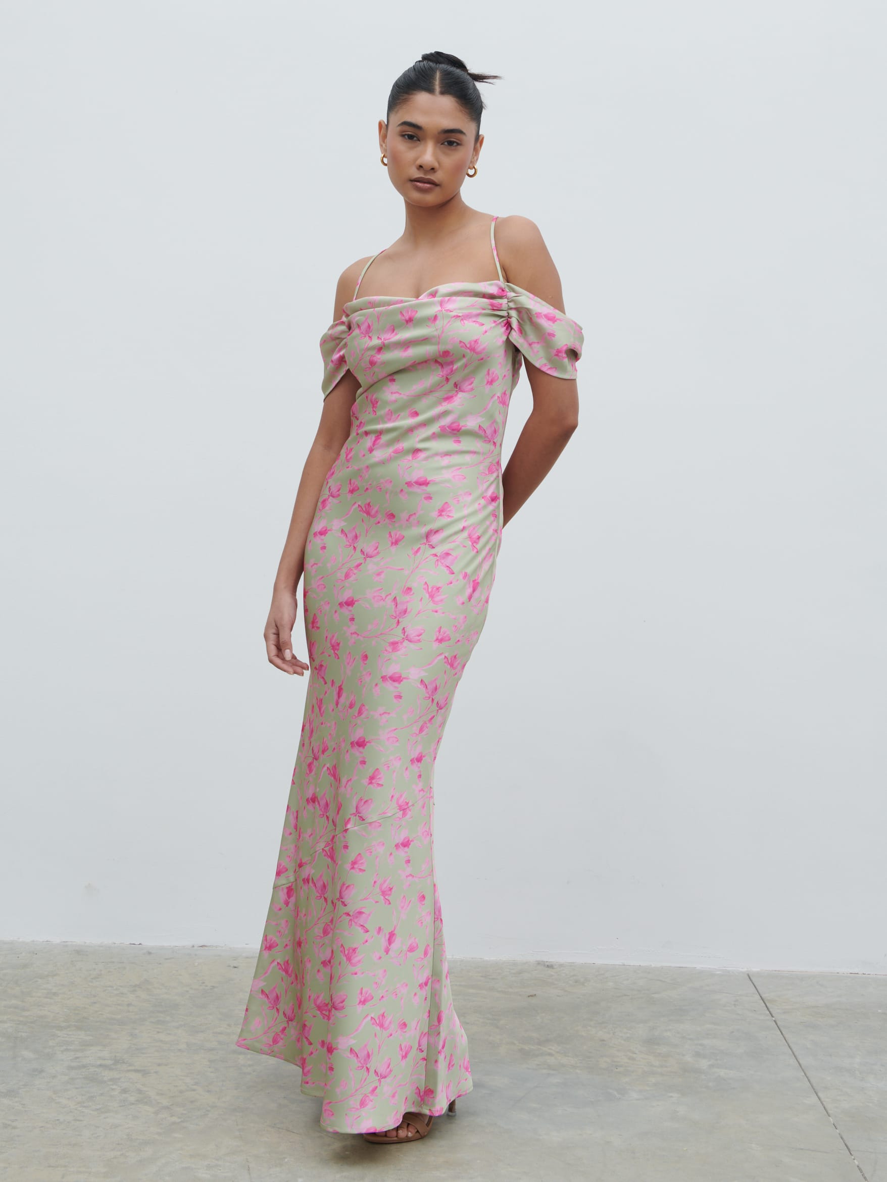 Daria Cowl Slip Maxi Dress - Olive and Fuchsia Petal Floral