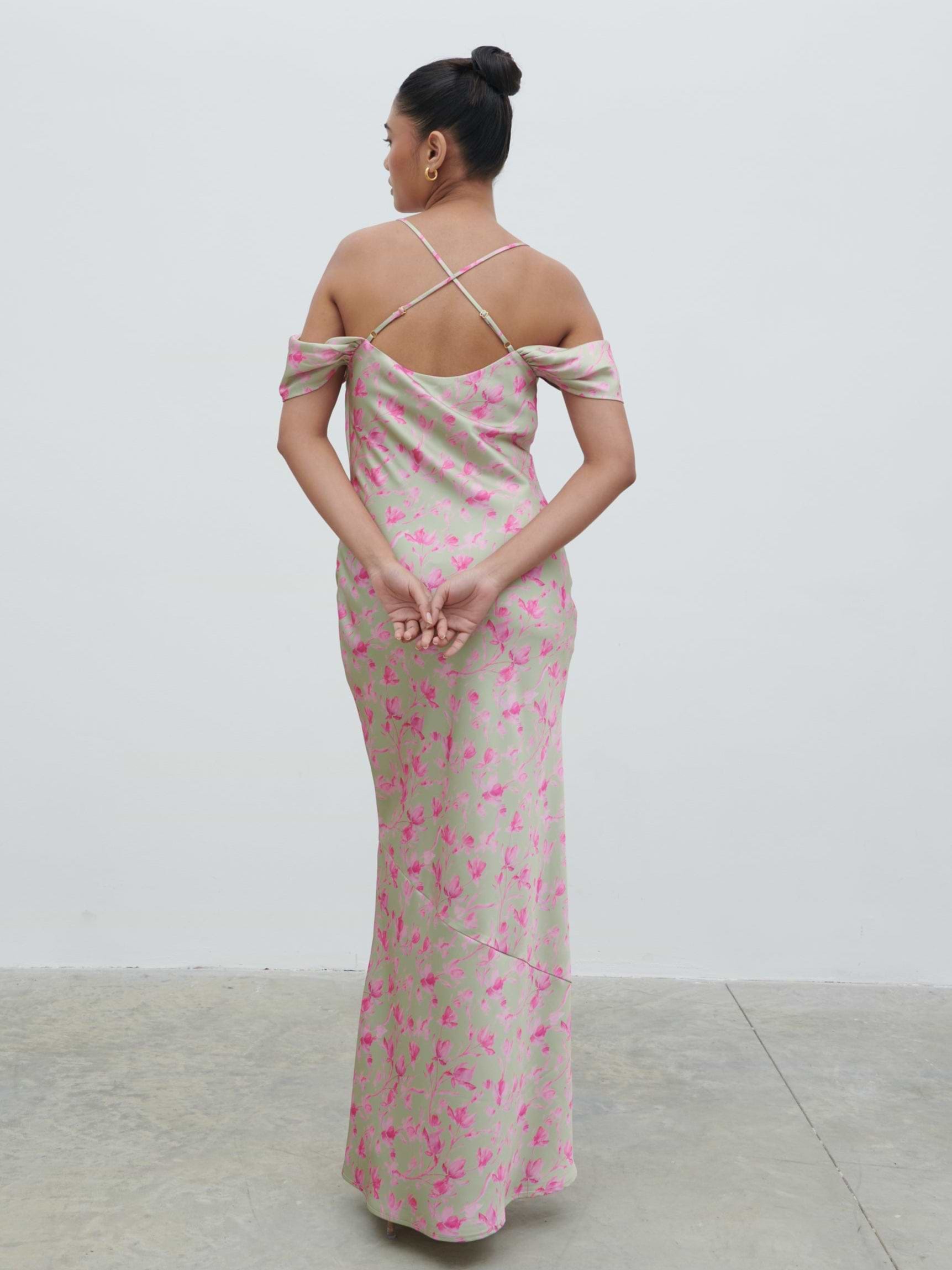 Daria Cowl Slip Maxi Dress - Olive and Fuchsia Petal Floral