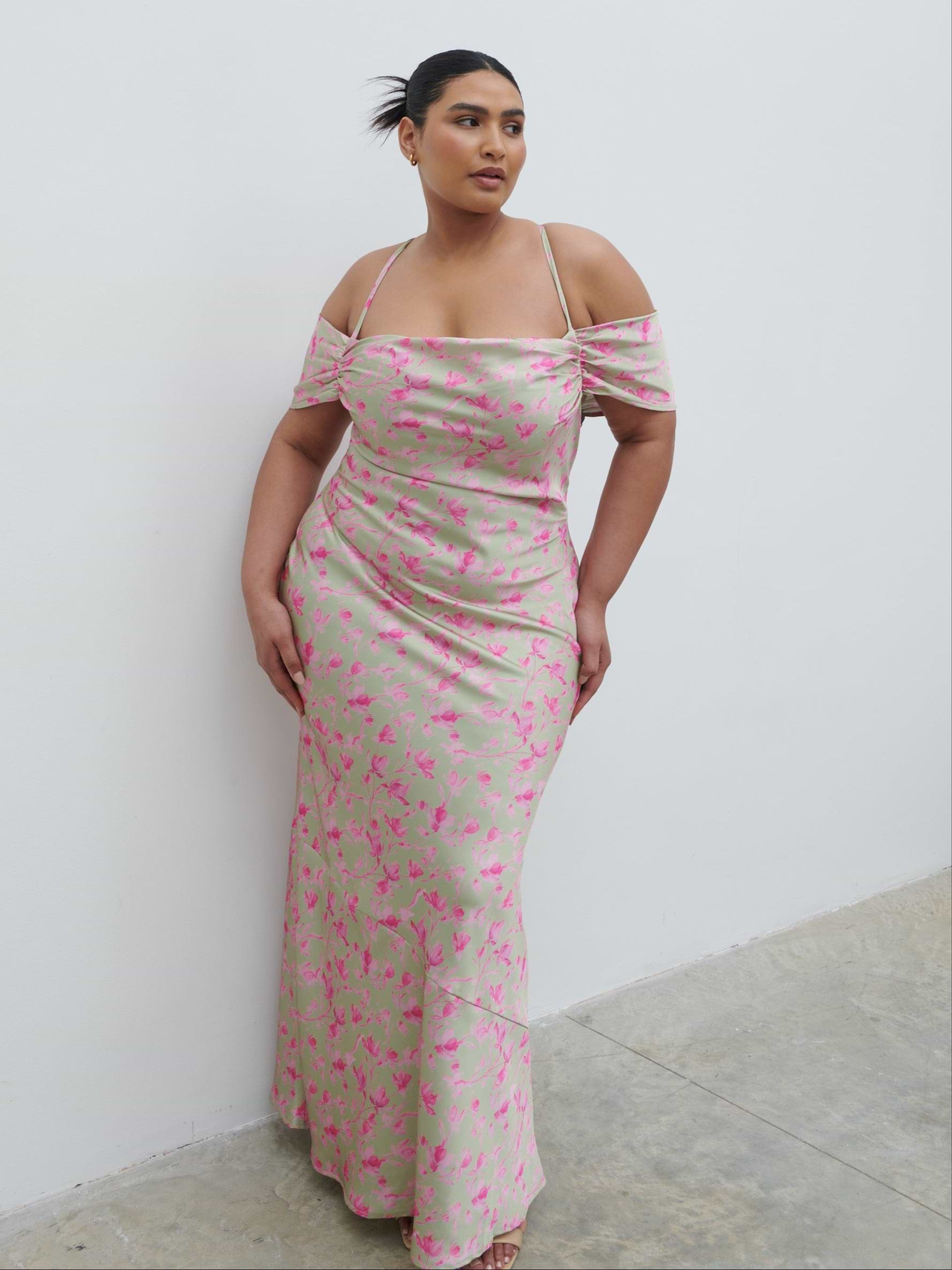 Daria Cowl Slip Maxi Dress Curve - Olive and Fuchsia Petal Floral