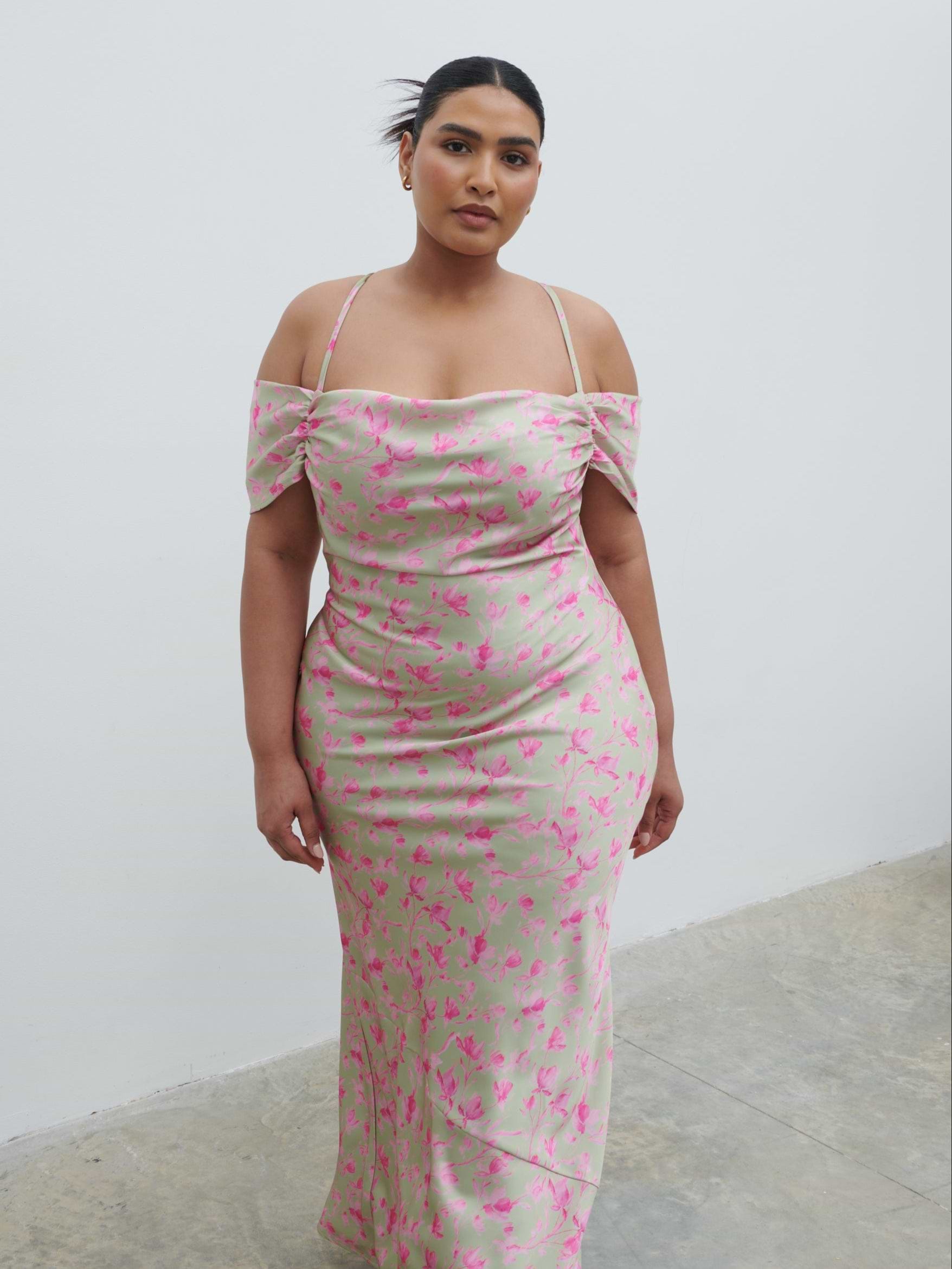 Daria Cowl Slip Maxi Dress Curve - Olive and Fuchsia Petal Floral