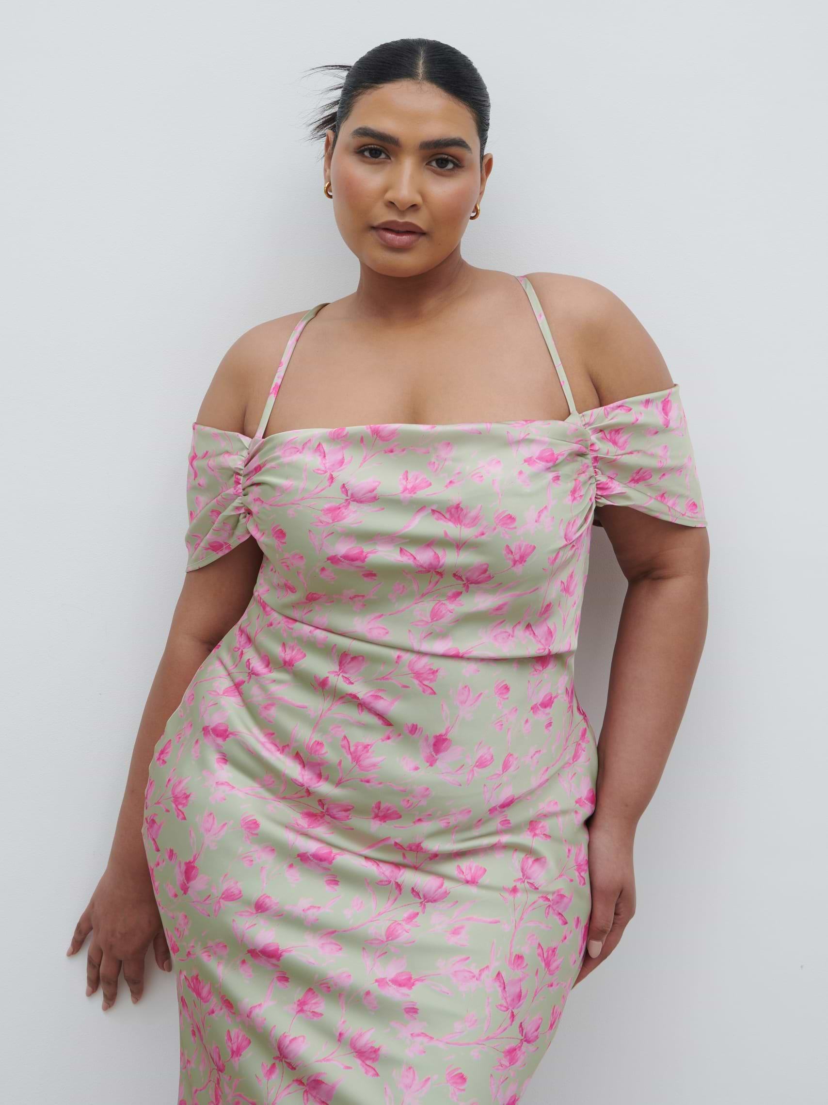 Daria Cowl Slip Maxi Dress Curve - Olive and Fuchsia Petal Floral