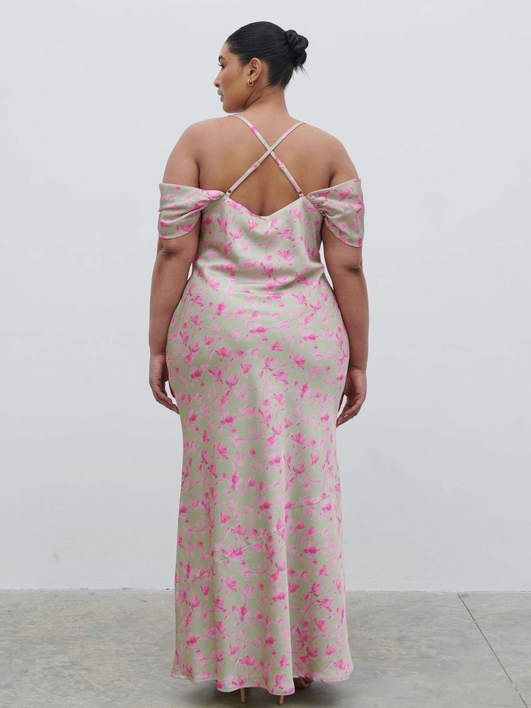 Daria Cowl Slip Maxi Dress Curve - Olive and Fuchsia Petal Floral