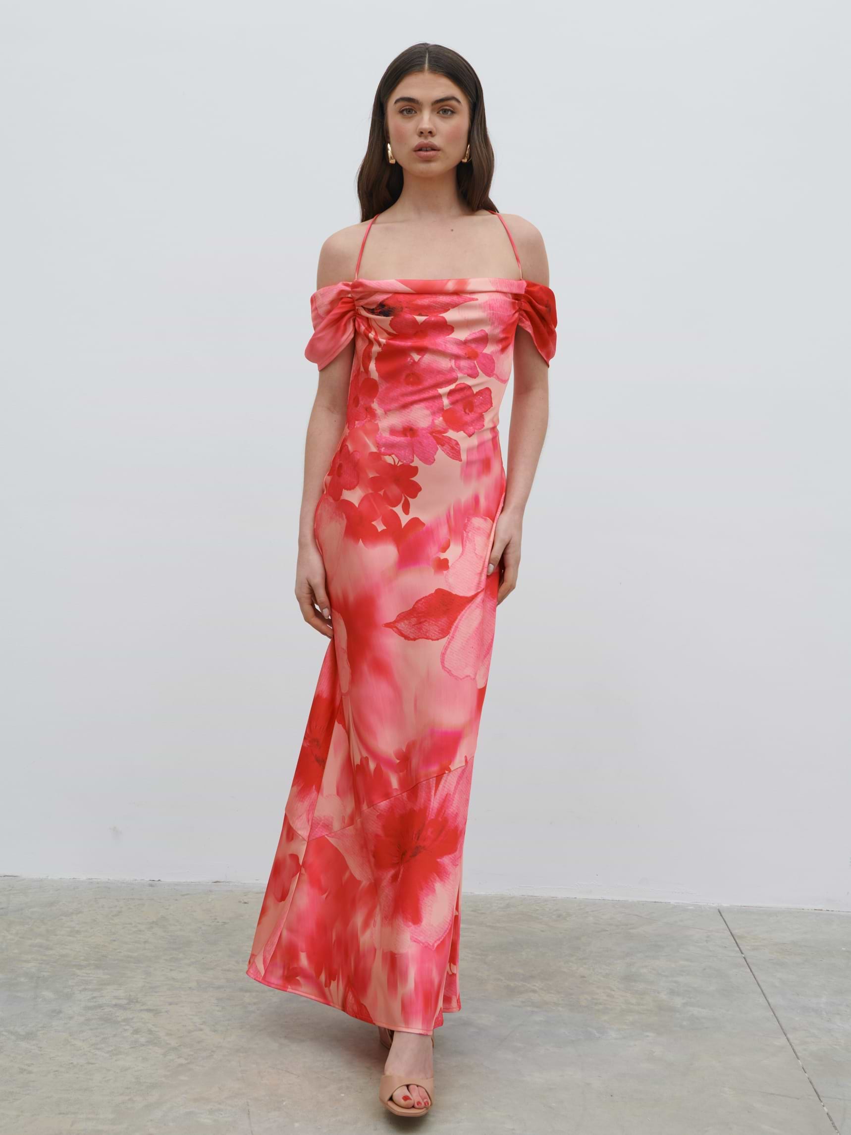 Daria Cowl Slip Maxi Dress - Pink Large Scale Floral