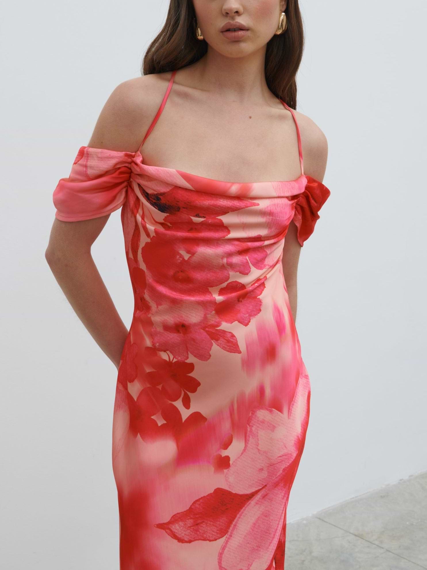 Daria Cowl Slip Maxi Dress - Pink Large Scale Floral
