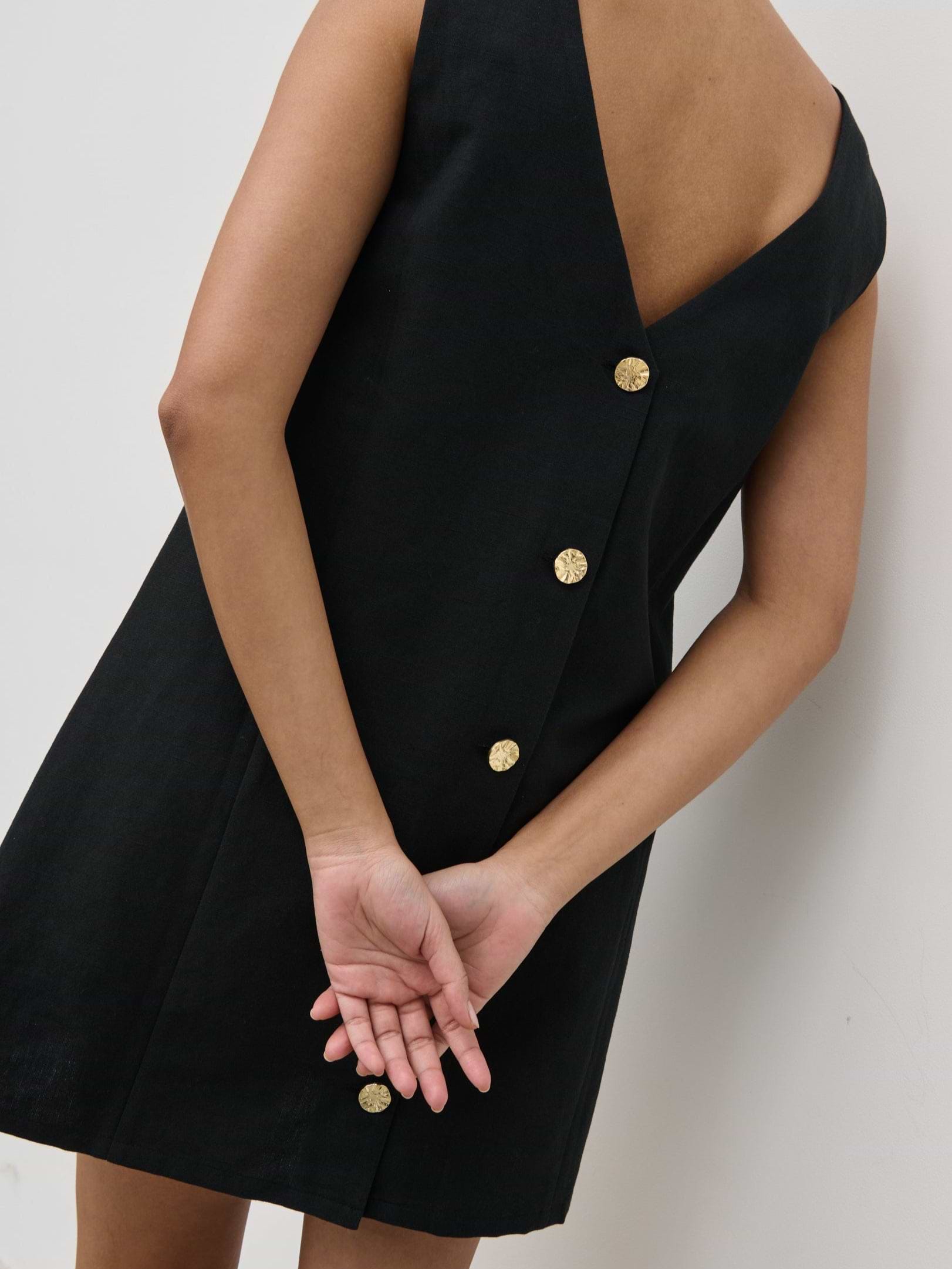 Darla Button Mini Dress - Black