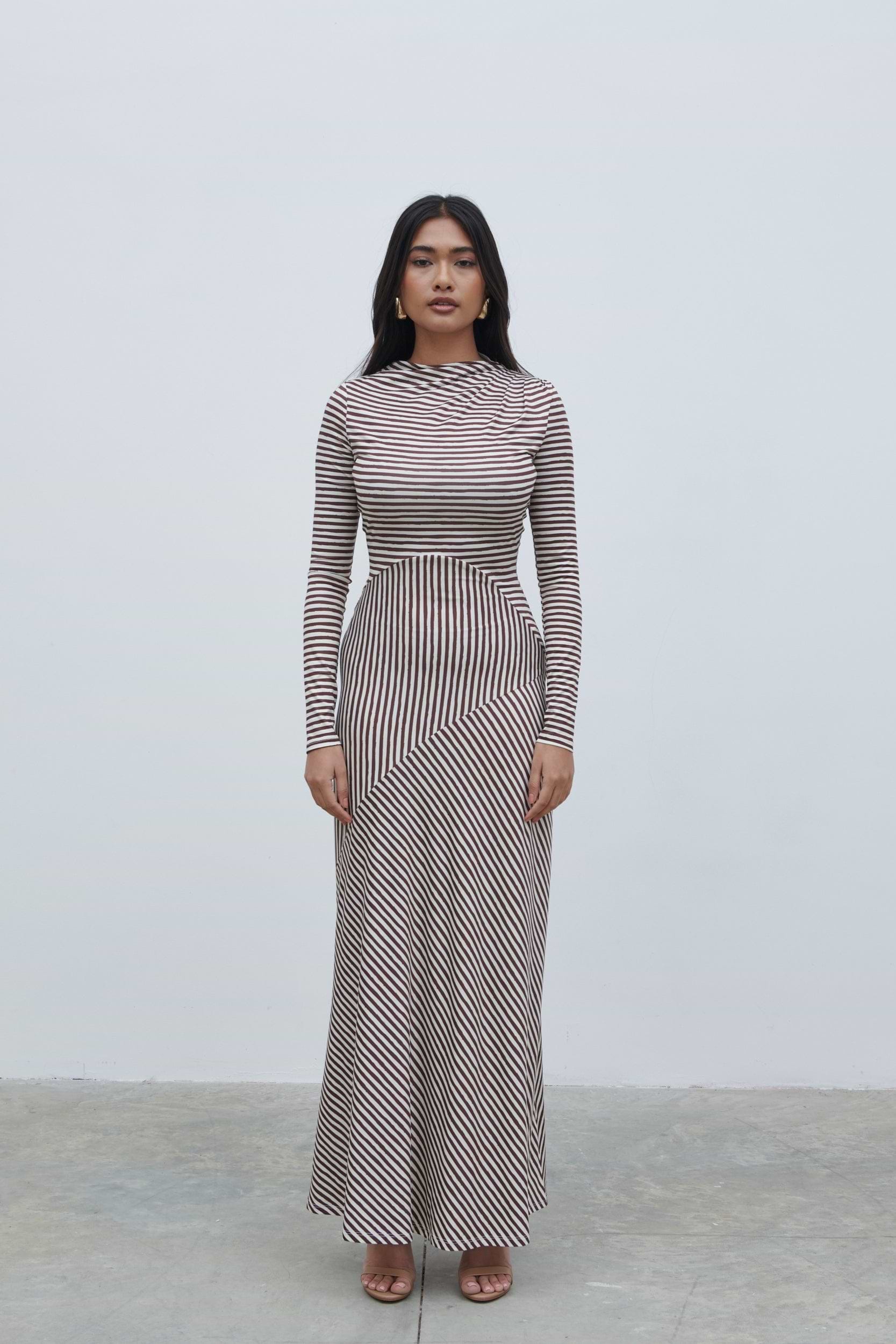 Delilah Asymmetric Jersey Maxi Dress - Brown and Cream Stripe