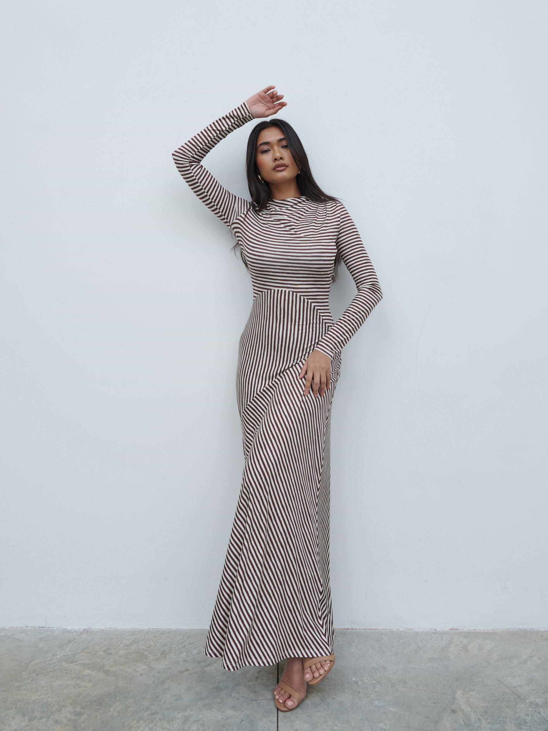 Delilah Asymmetric Jersey Maxi Dress - Brown and Cream Stripe