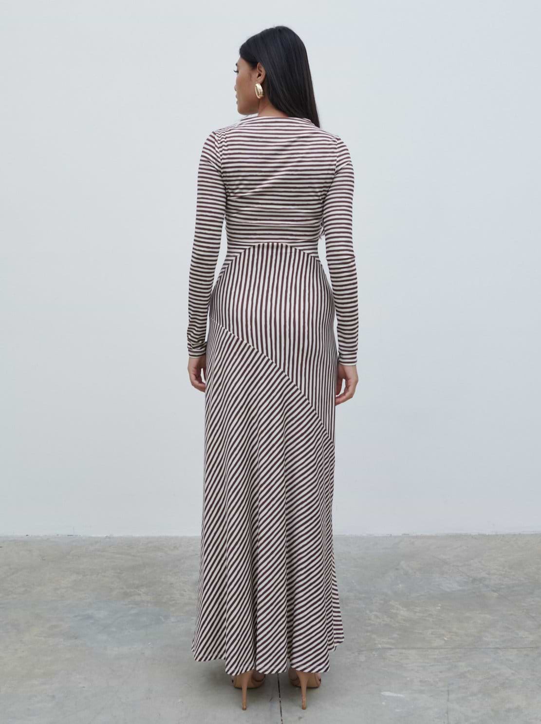 Delilah Asymmetric Jersey Maxi Dress - Brown and Cream Stripe