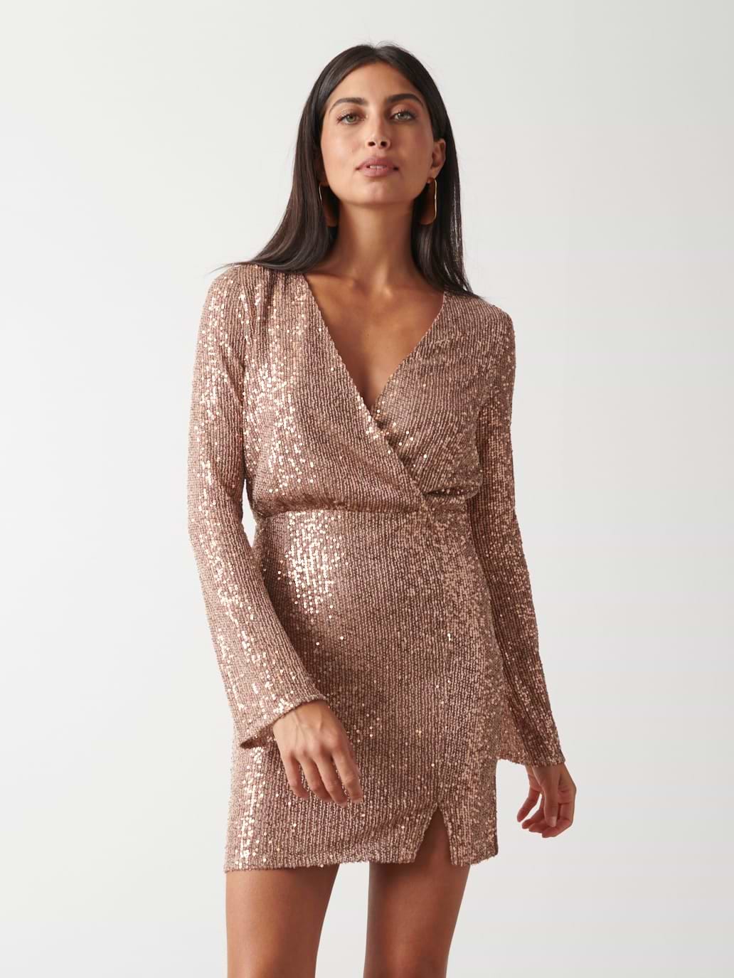 Dulcie Mini Wrap Sequin Dress - Mocha