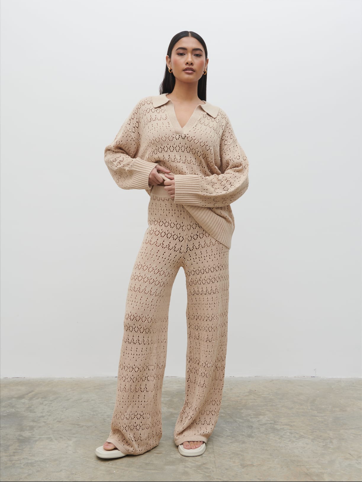 Eda Crotchet Knit Trousers - Oatmeal