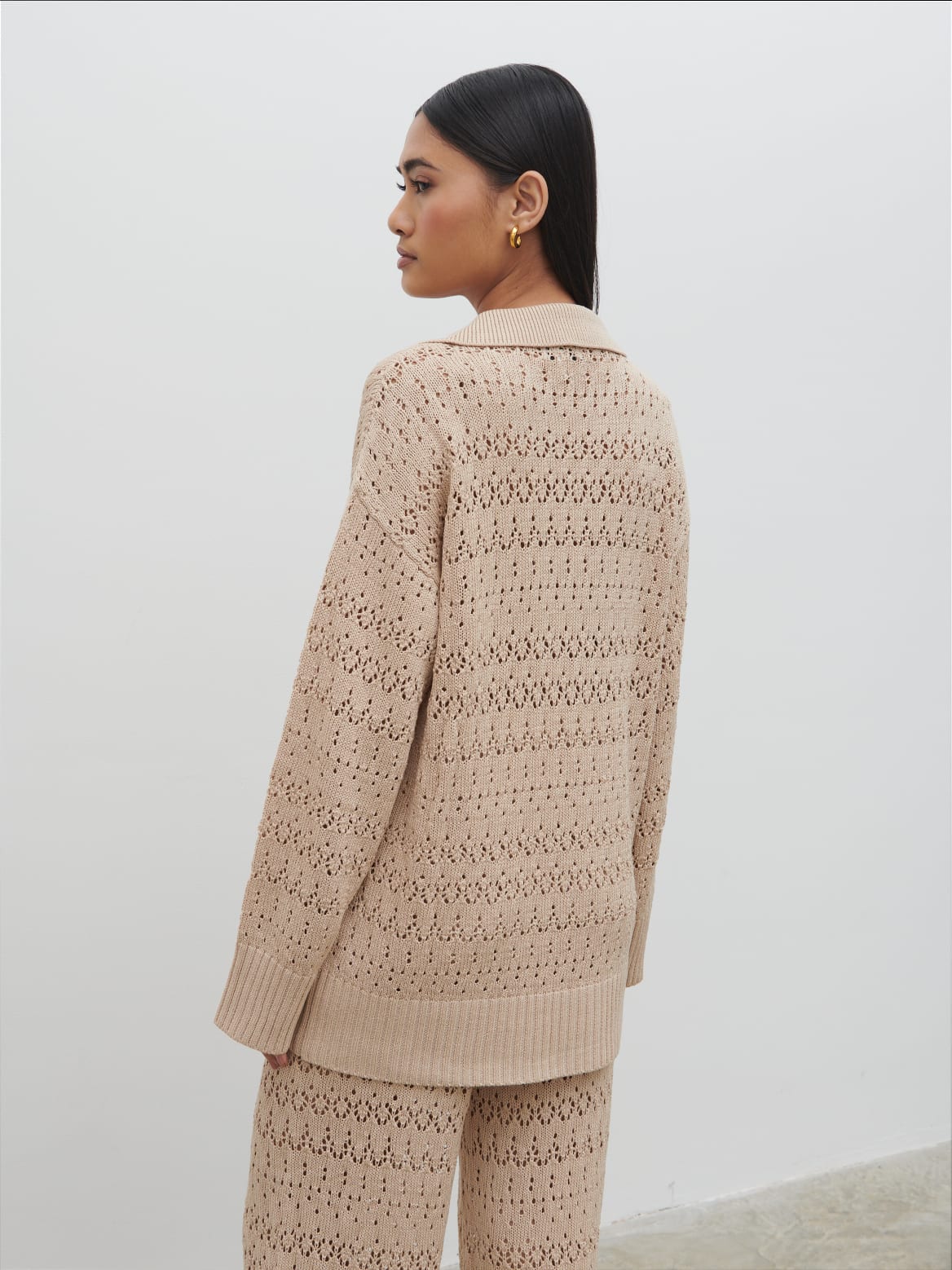 Eda Crotchet Knit V Neck Jumper - Oatmeal