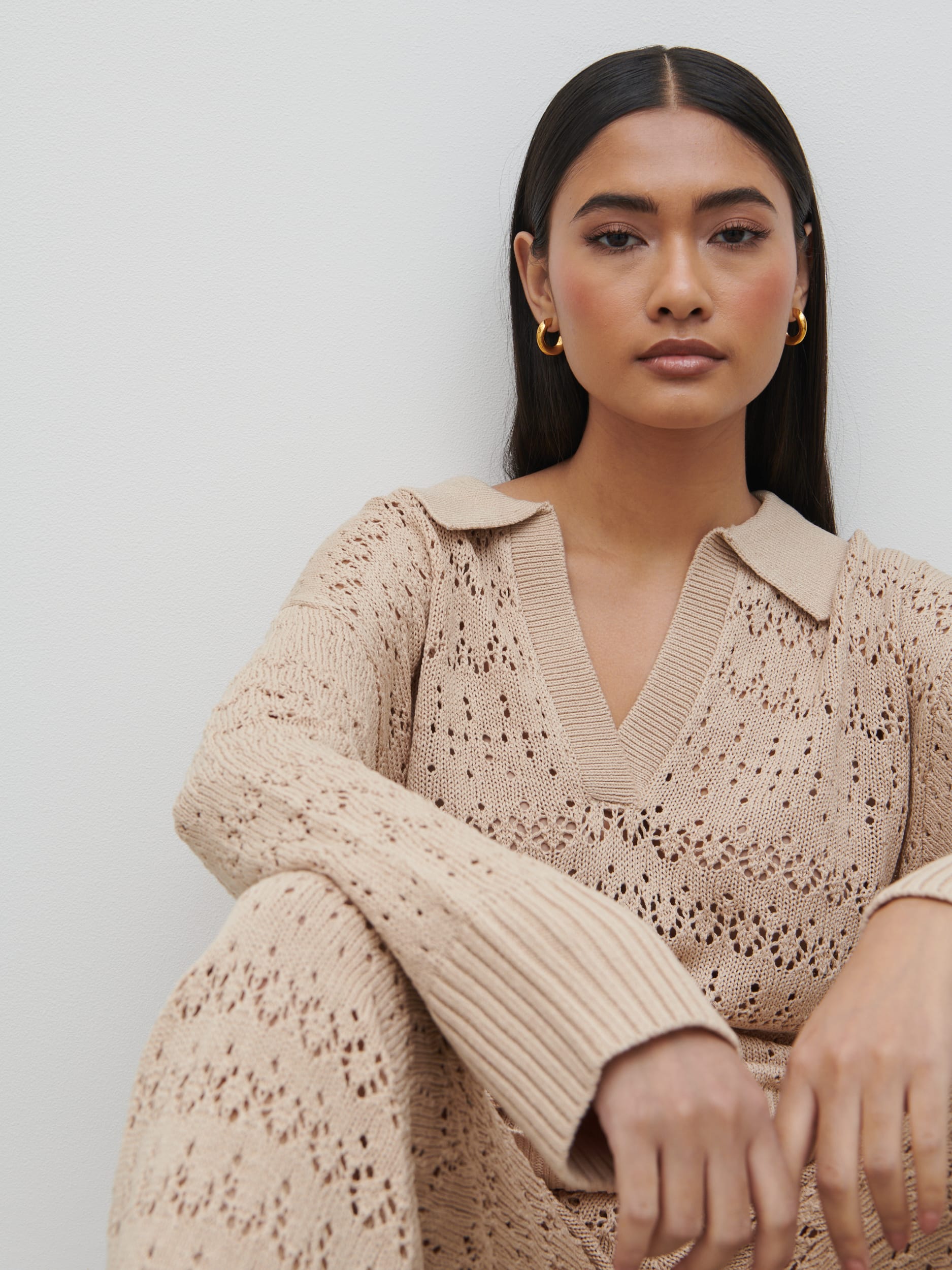 Eda Crotchet Knit V Neck Jumper - Oatmeal