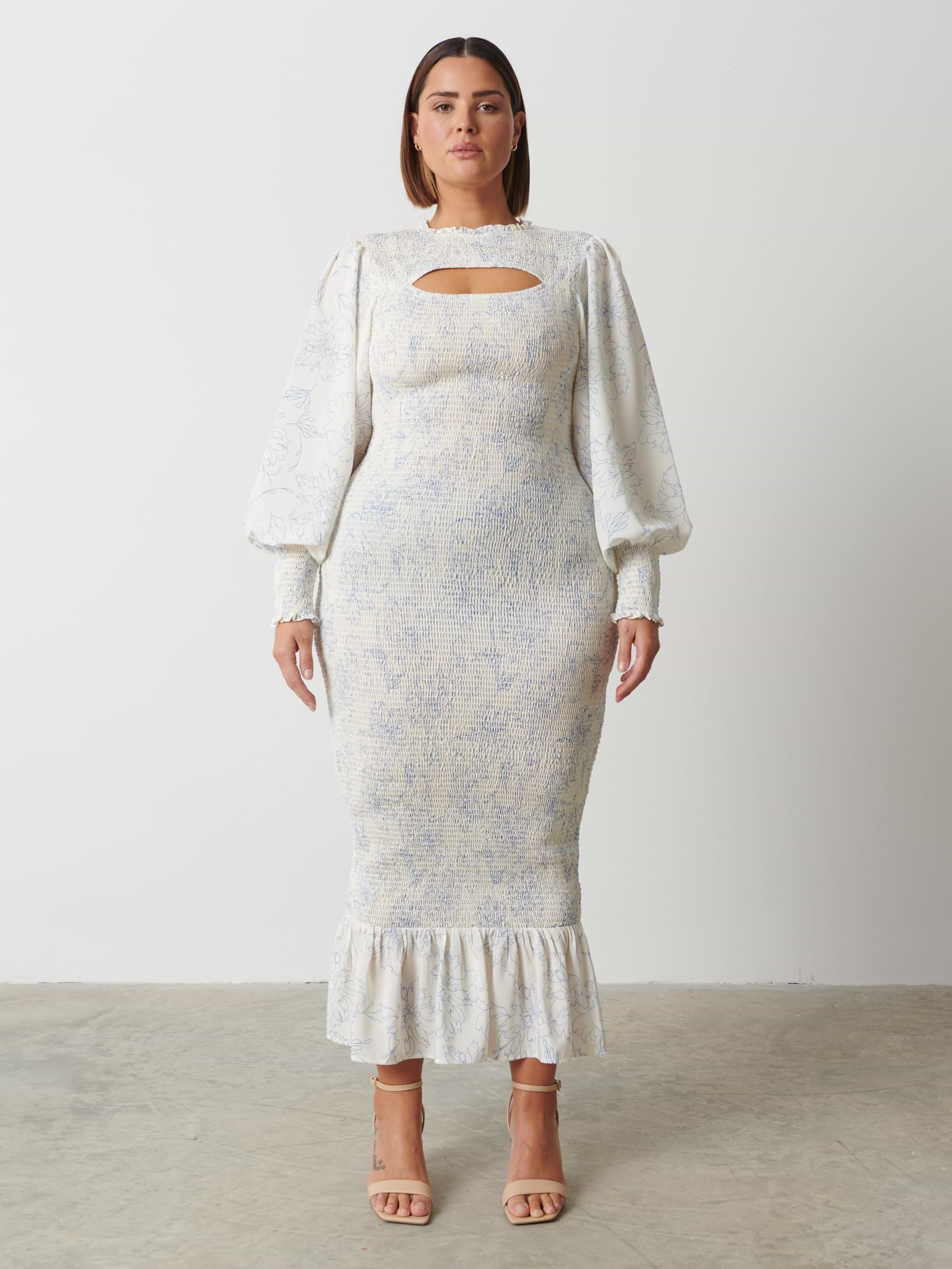 Elise Cut Out Shirred Printed Midaxi Dress Curve - Peony Abstract Floral