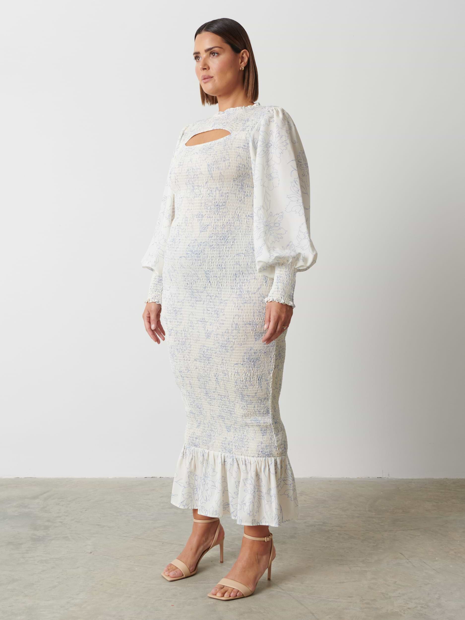 Elise Cut Out Shirred Printed Midaxi Dress Curve - Peony Abstract Floral