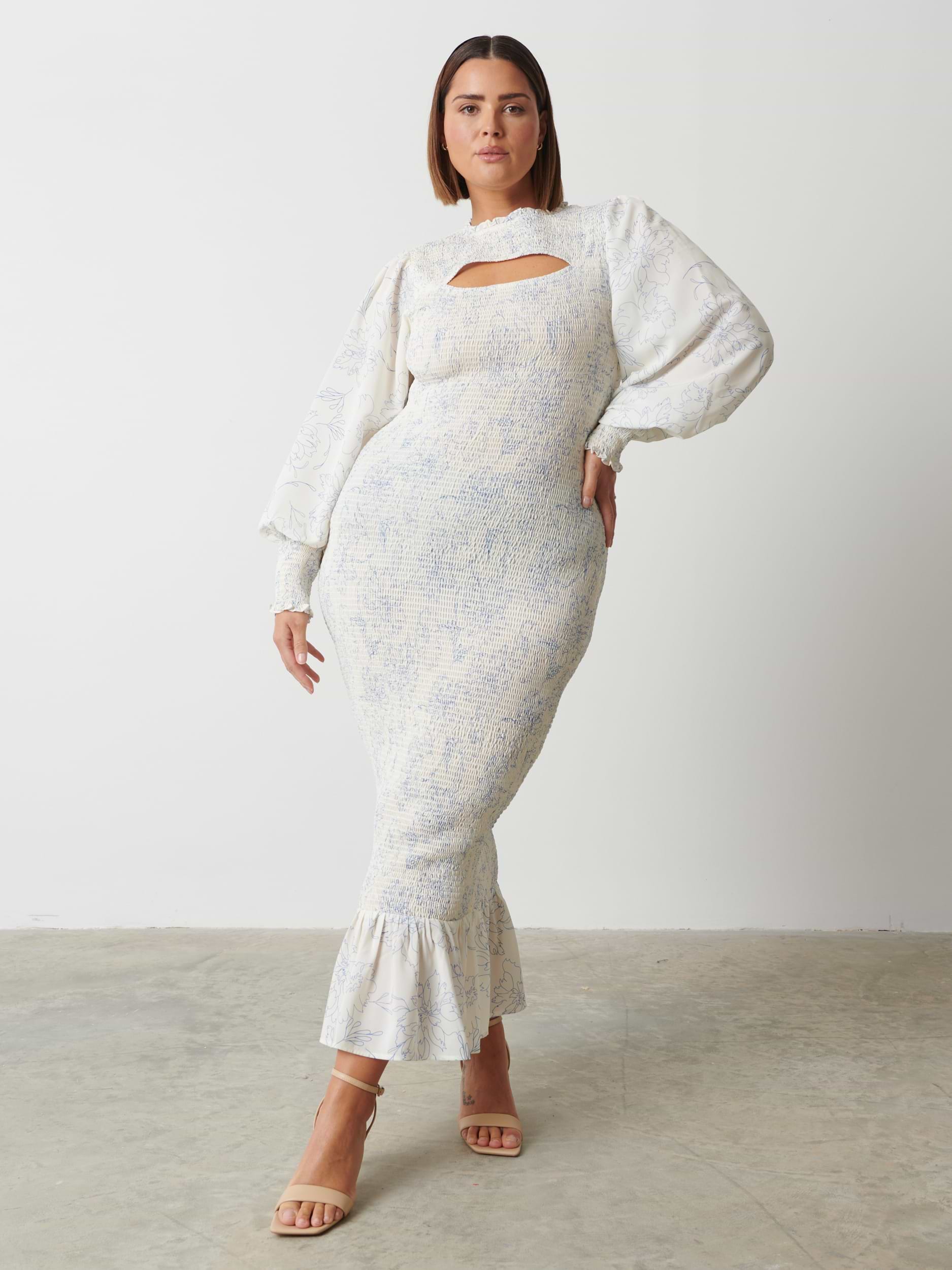 Elise Cut Out Shirred Printed Midaxi Dress Curve - Peony Abstract Floral