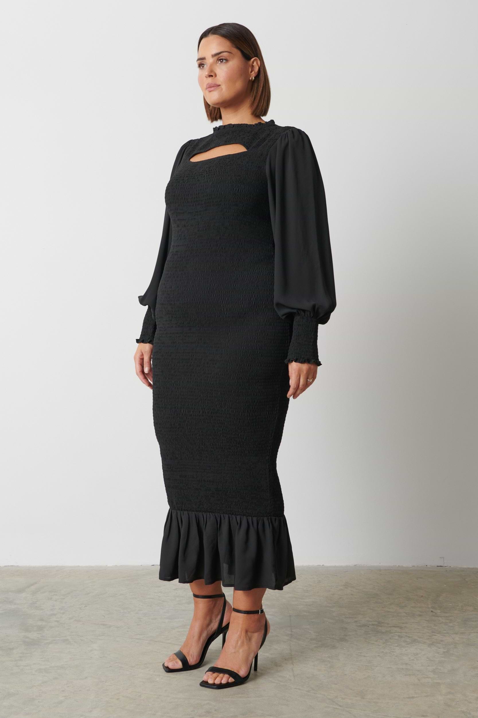 Elise Cut Out Shirred Midaxi Dress Curve - Black
