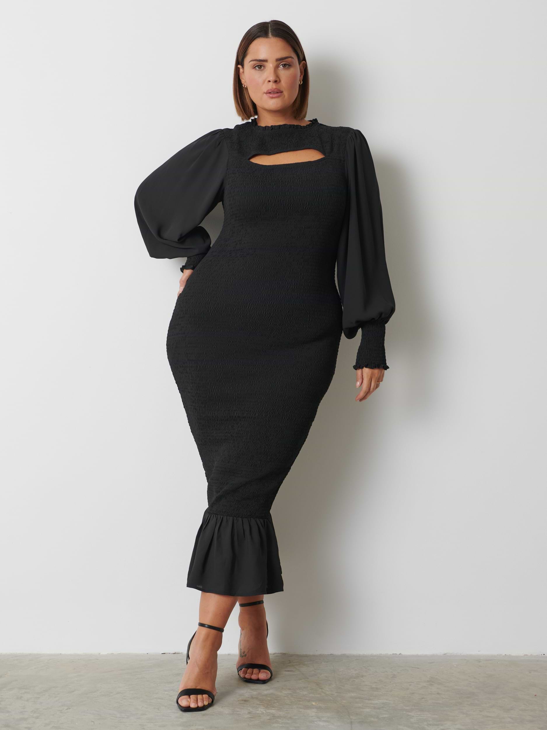 Elise Cut Out Shirred Midaxi Dress Curve - Black