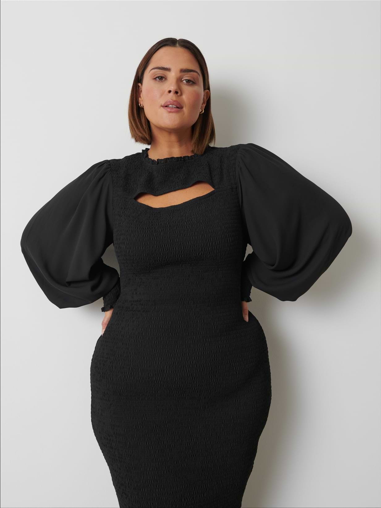 Elise Cut Out Shirred Midaxi Dress Curve - Black