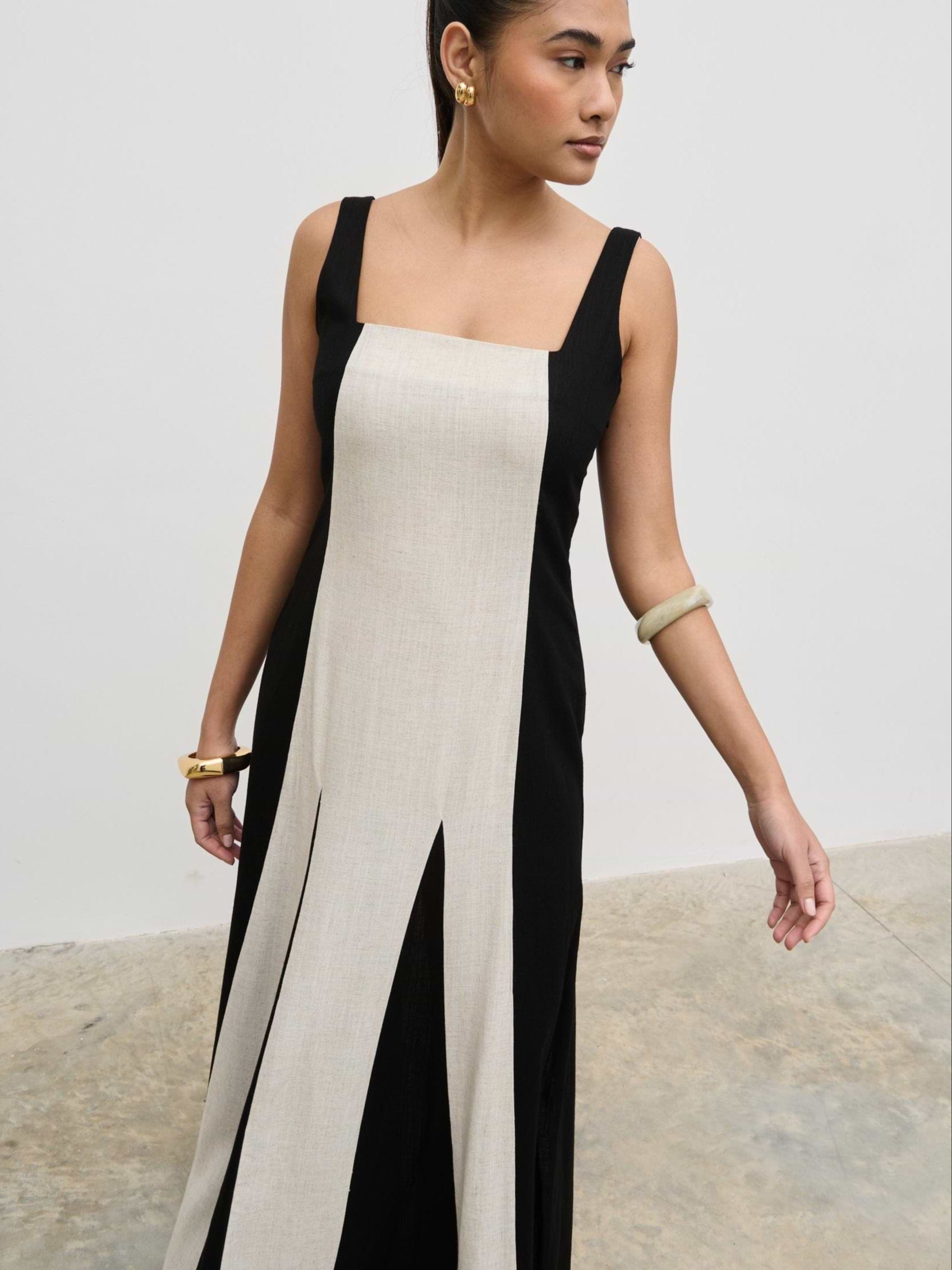 Ella Square Neck Contrast Maxi Dress - Natural and Black