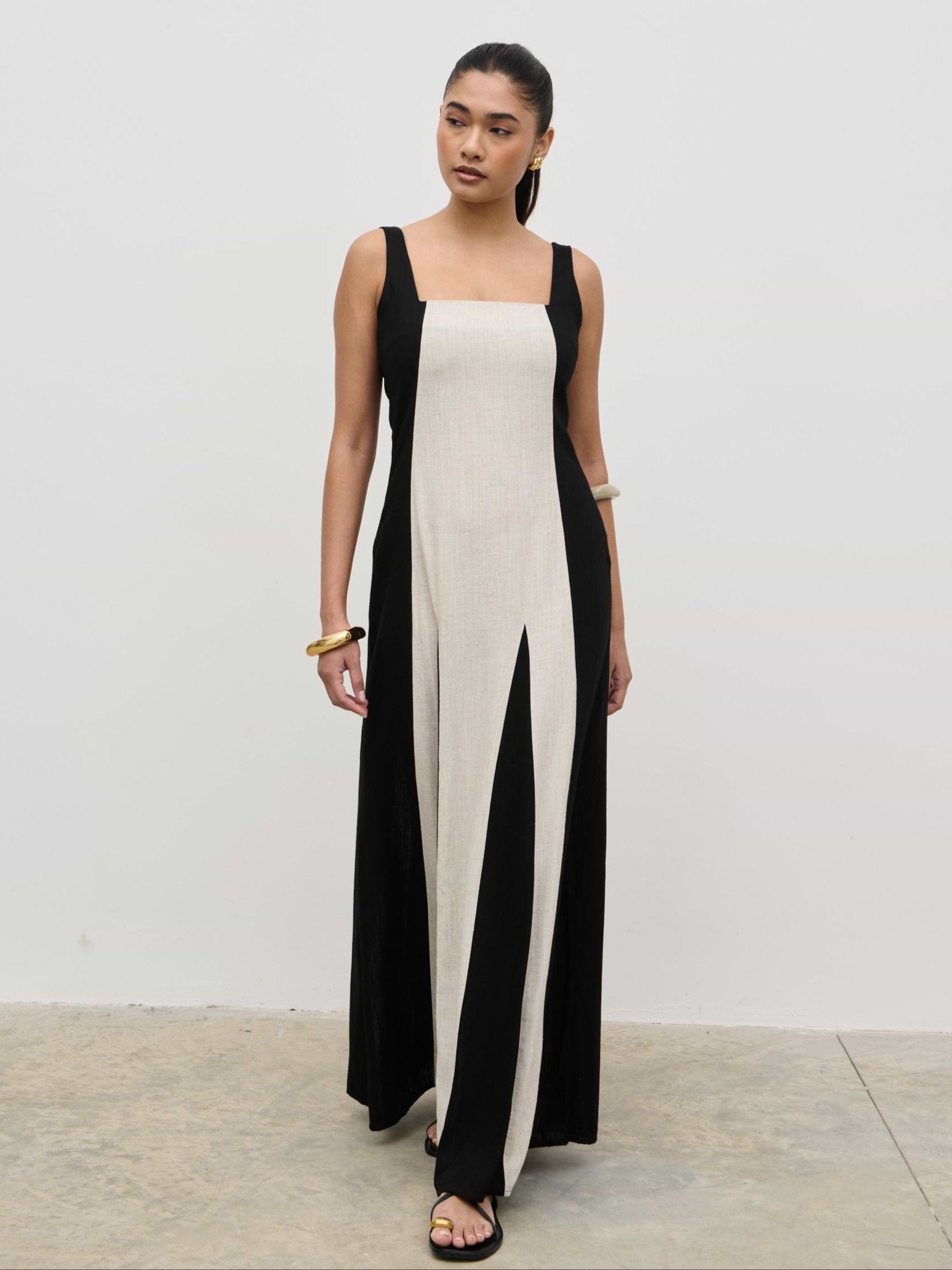 Ella Square Neck Contrast Maxi Dress - Natural and Black