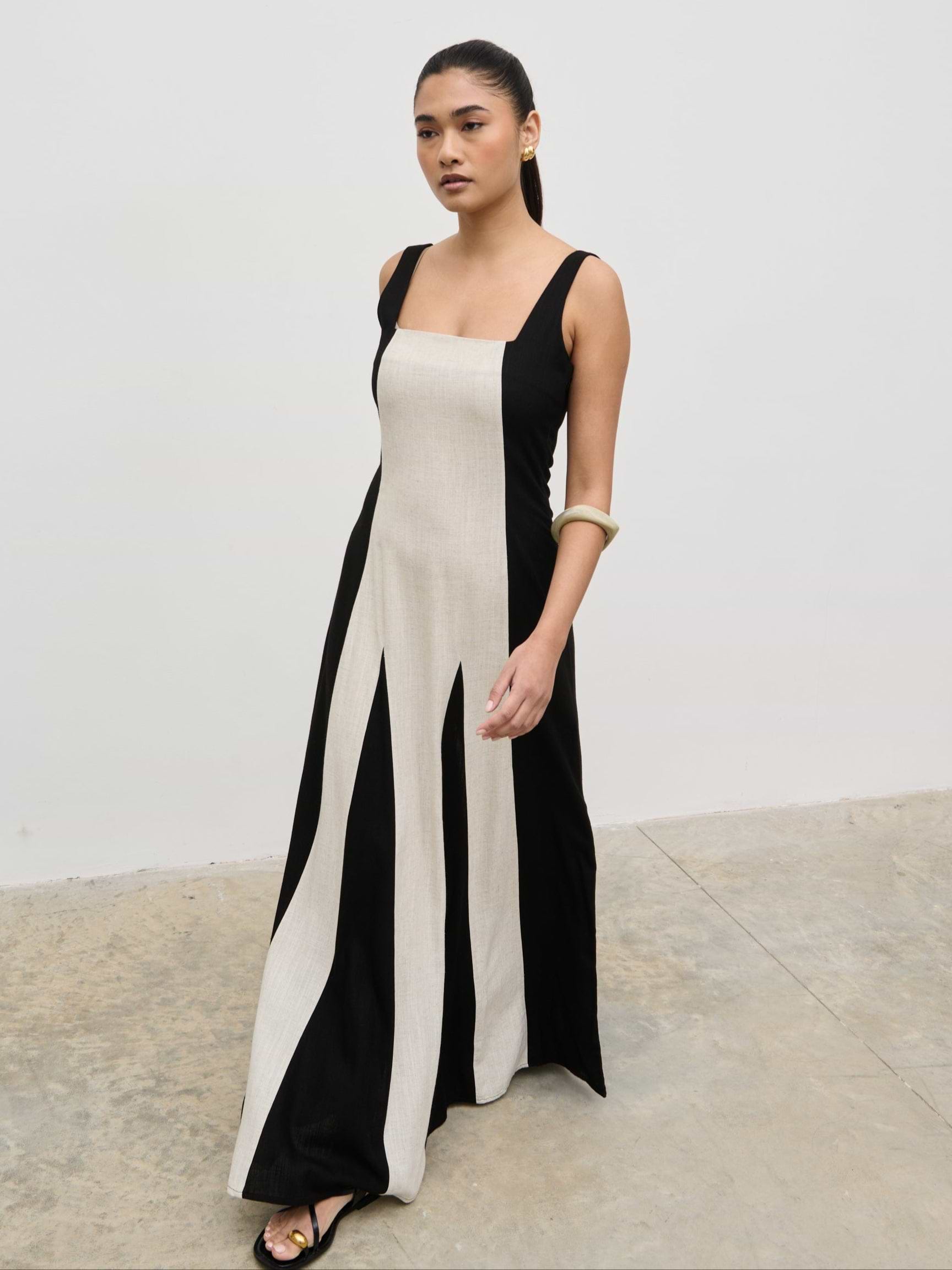 Ella Square Neck Contrast Maxi Dress - Natural and Black