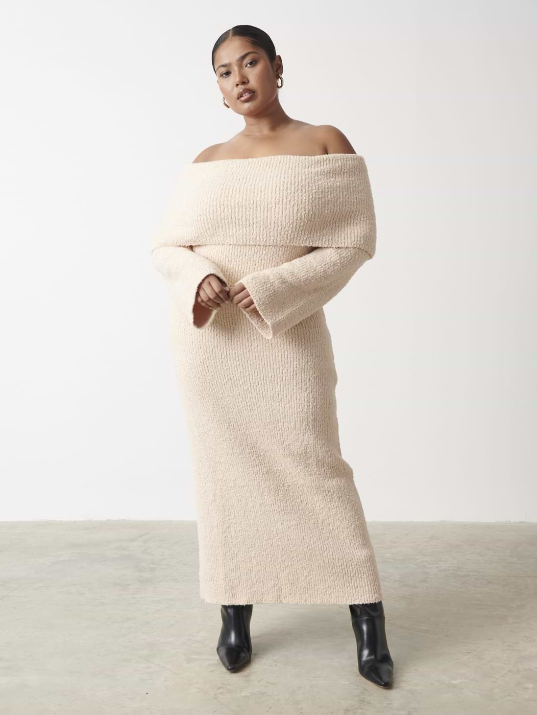 Elodie Midaxi Bardot Knit Dress Curve - Ecru